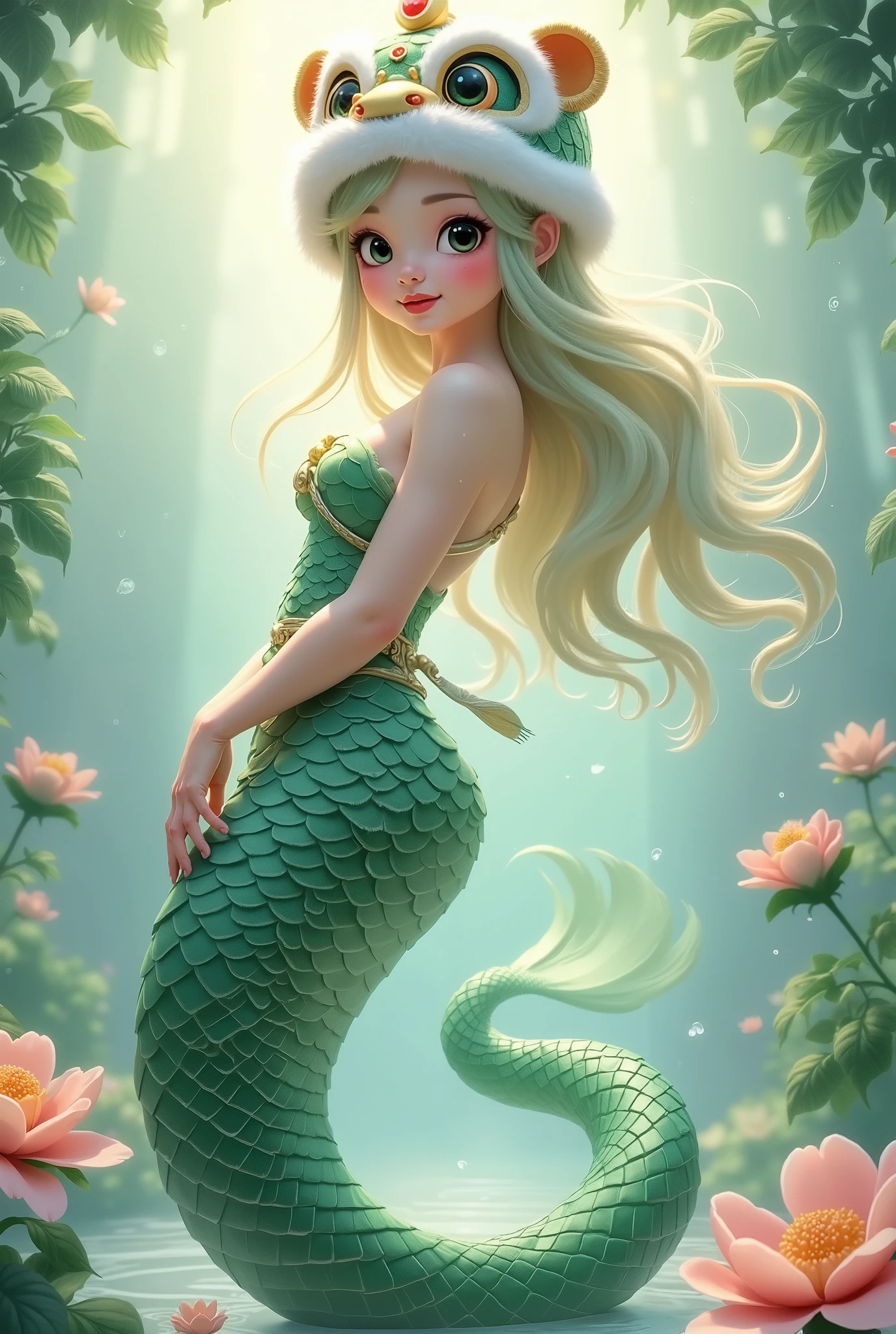 (  masterpiece,   best quality:1.2), 1Snake girl:1.5  ,  Mermaid， Flowing hair ，unique ，cute，hand， Chinese style，(((Lion hat:1.5)))，(((action)))
