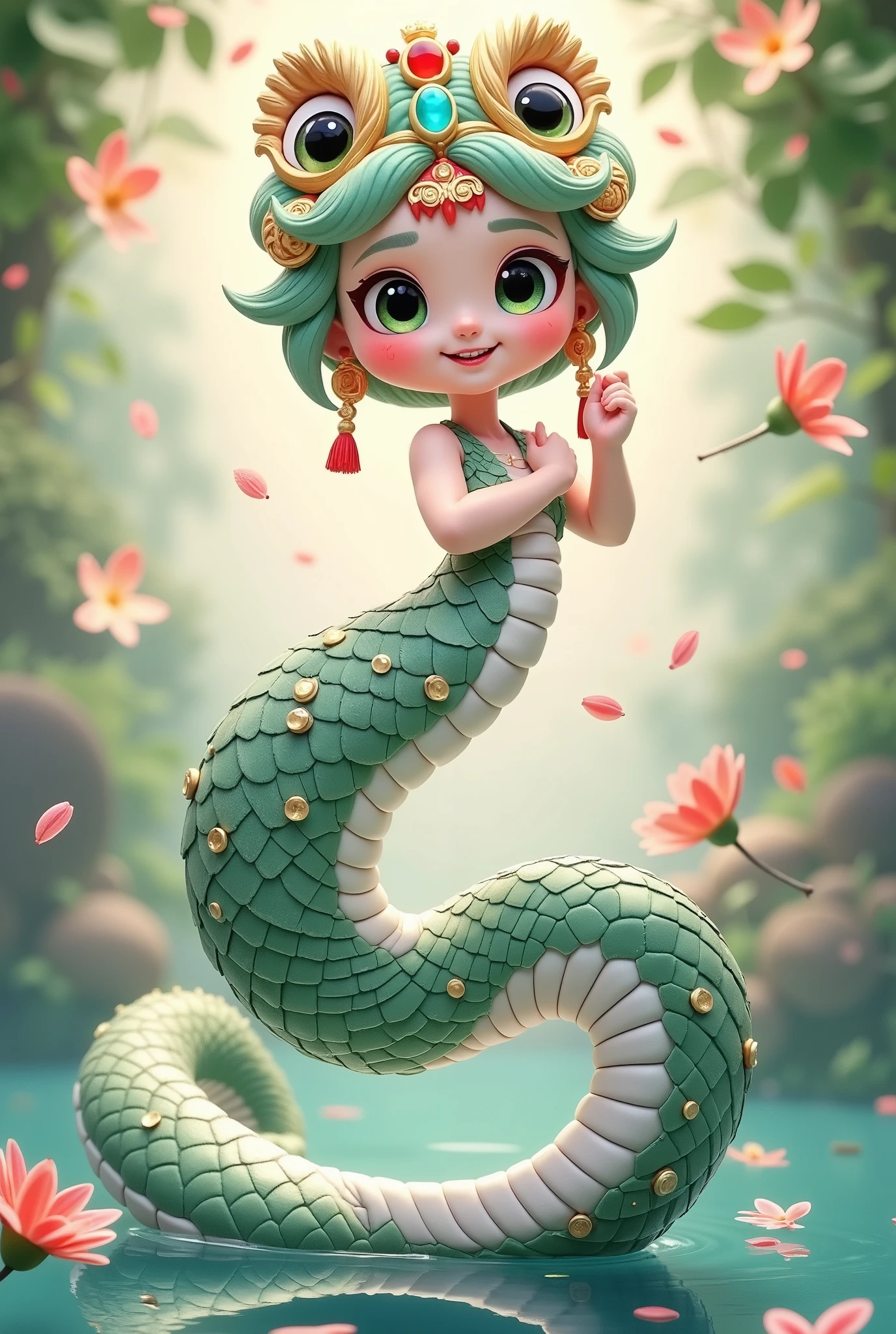 ( masterpiece, best quality:1.2), 1Snake girl , Mermaid,unique ,cute,hand, Chinese style,(((Lion hat:1.5)))