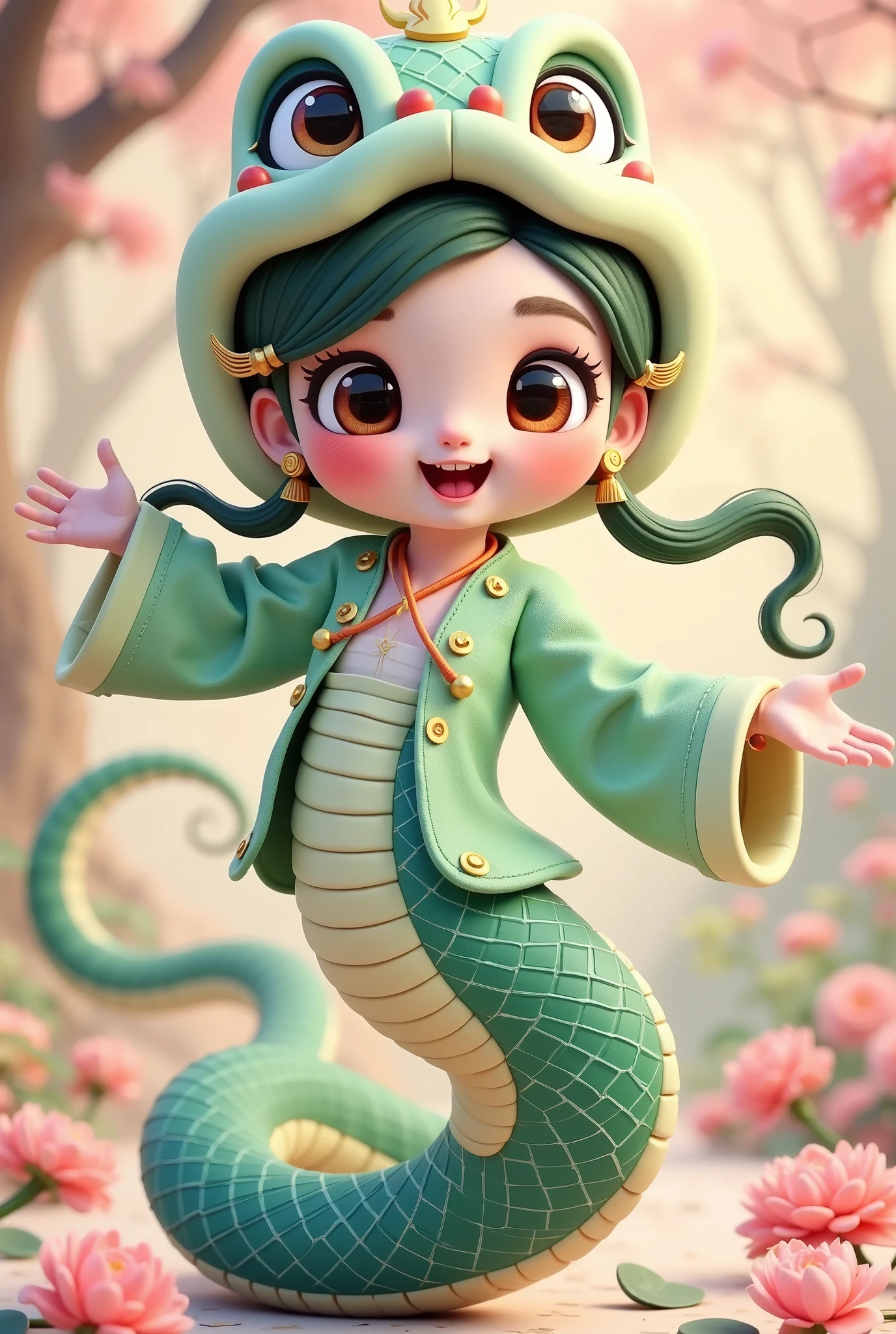 ( masterpiece, best quality:1.2), 1Snake girl:1.5 , Fangs, Flowing hair ,unique ,cute,Open your arms, Chinese style,(((Lion hat:1.5))),(((action))),flower