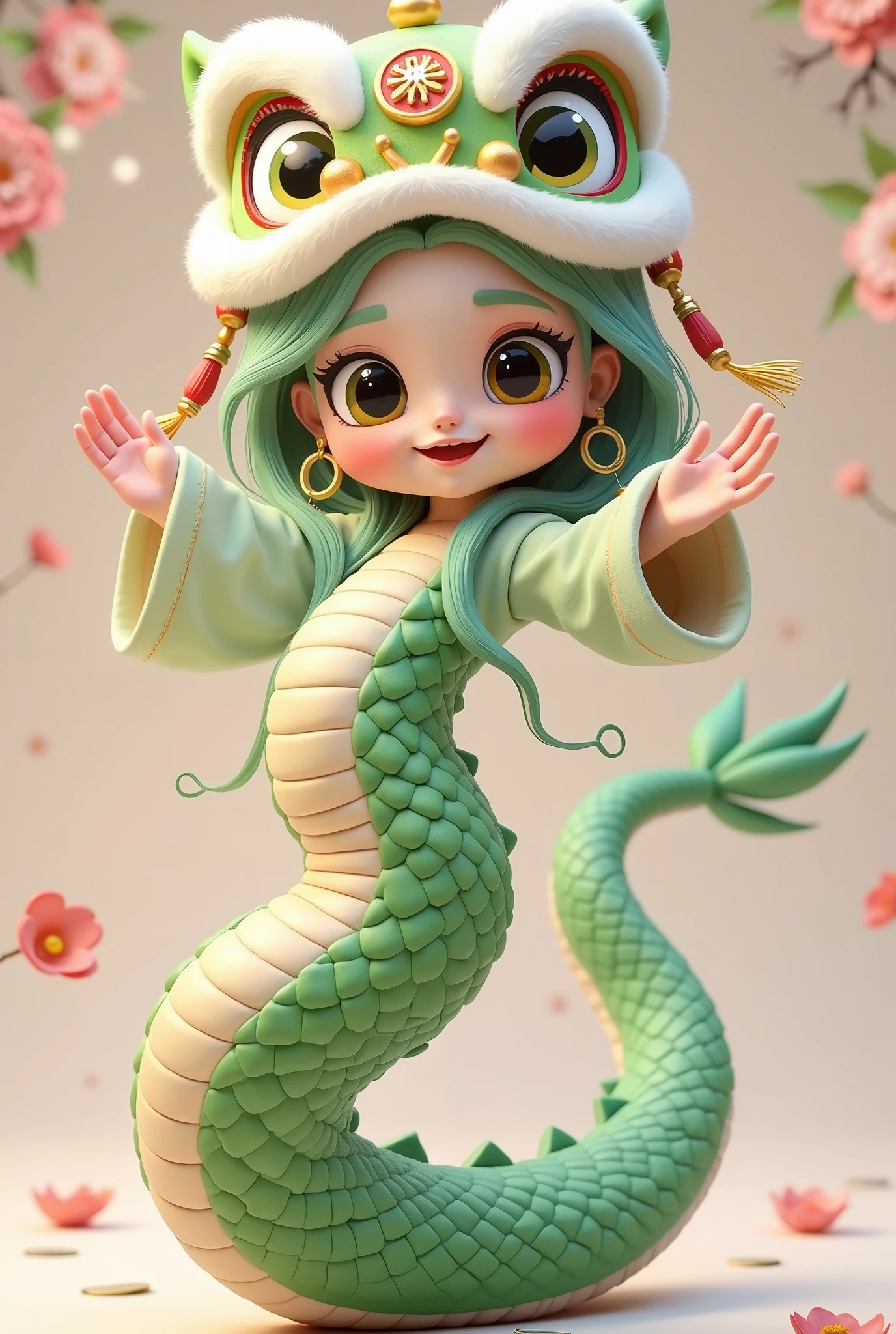 ( masterpiece, best quality:1.2), 1Snake girl:1.5 , Fangs, Flowing hair ,unique ,cute,Open your arms, Chinese style,(((Lion hat:1.5))),(((action))),flower