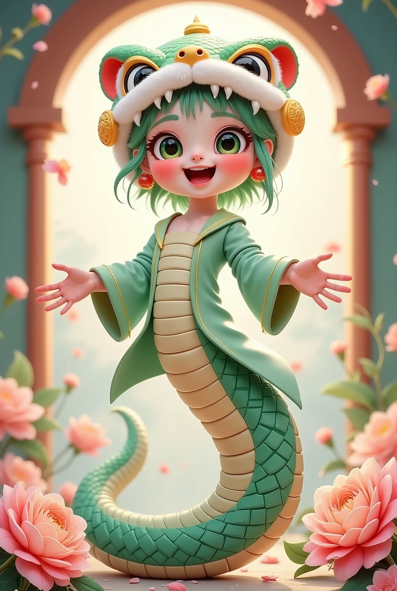 ( masterpiece, best quality:1.2), 1Snake girl:1.5 , Fangs,unique ,cute,Open your arms, Chinese style,(((Lion hat:1.5))),(((action))),flower