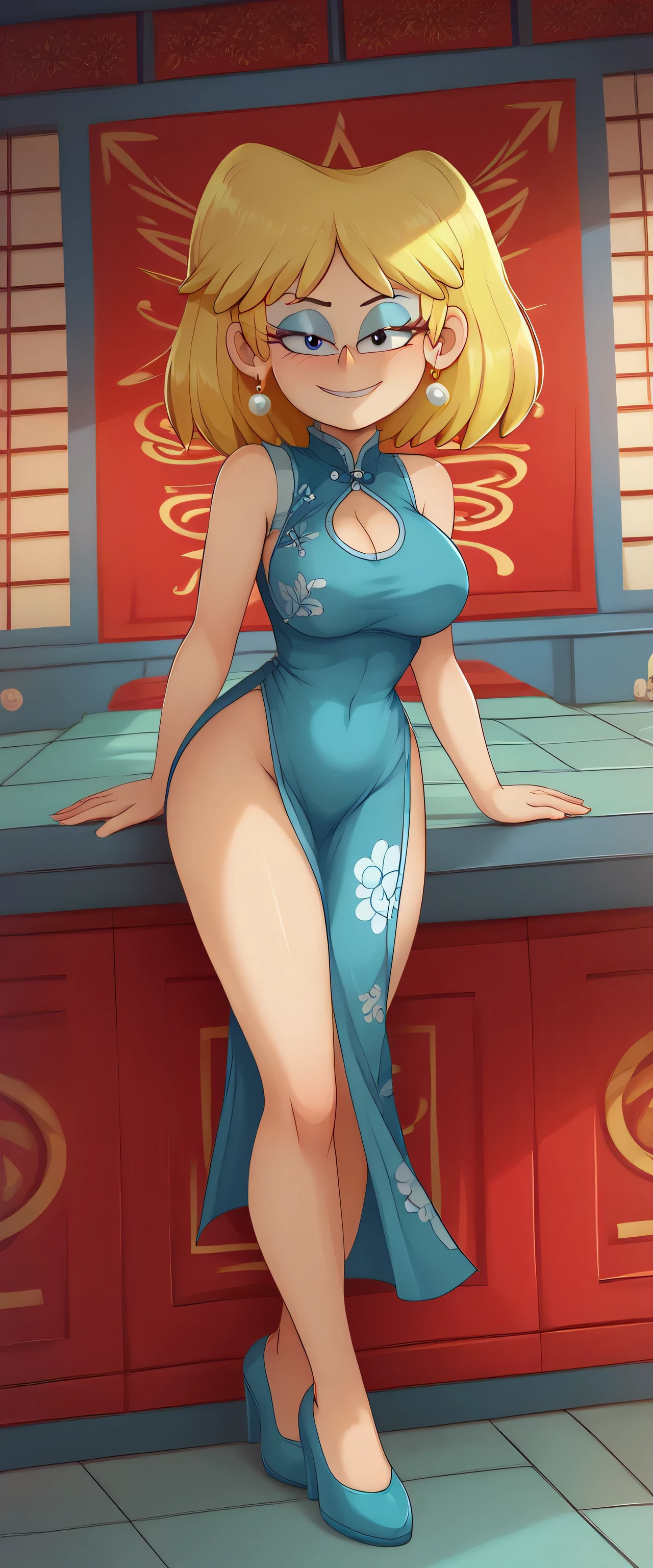 safe_pos, score_9, score_8_up, score_7_up BREAK blonde hair, medium hair, earrings, blue eyeshadow, lori loud, the loud house, BREAK large breasts, BREAK looking at you, red cheongsam, inside of a chinese temple, full body view, standing