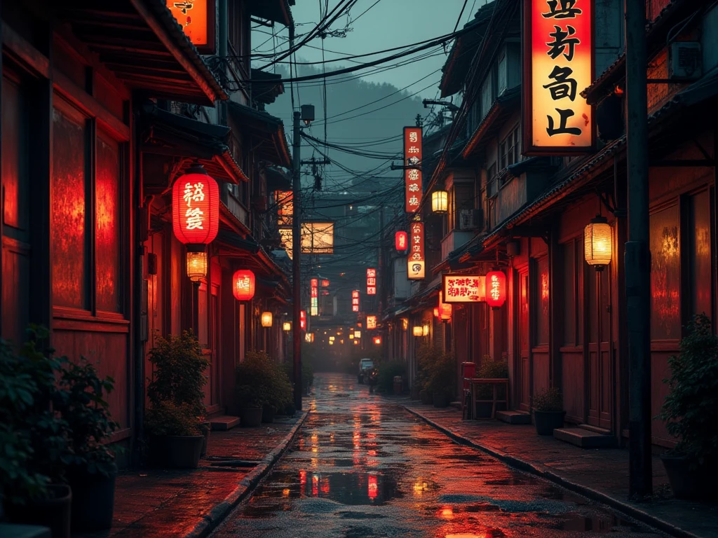 Streetscapes of Japanese red-light districts that use 　 game background　Brothels with Japanese houses lit with lanterns are crammed in a narrow alley　 obscene atmosphere like Tobita Shinchi 　