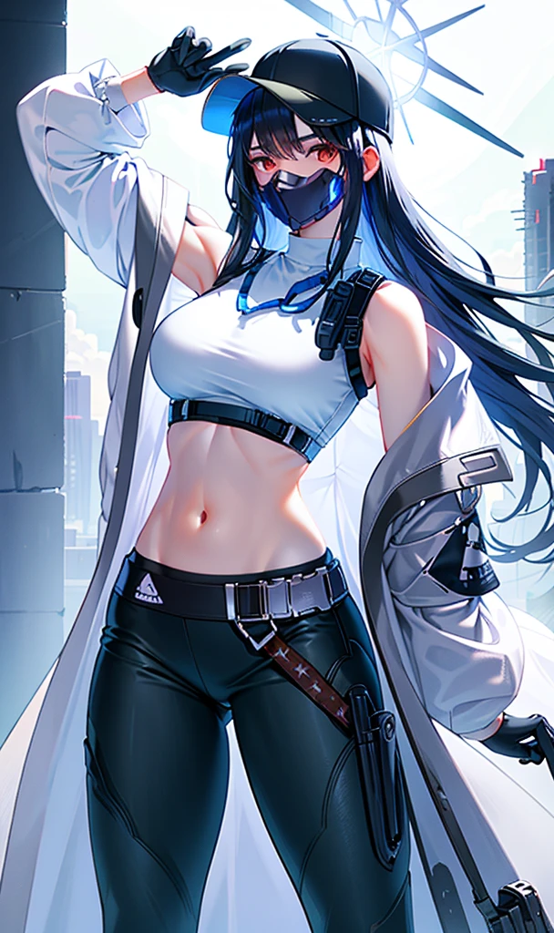 saori, {best quality}, {masterpiece}, detailed, (illustration), 1girl, solo, long hair, navel, breasts, hat, red eyes, pants, baseball cap, black headwear, black gloves, stomach, crop top, sleeveless, halo, large breasts, black shirt, black mask, black pants, black hair, cowboy shot, bangs, looking at viewer, sleeveless shirt, blue hair, holster, bare shoulders, standing, white background, underbust, expressionless, street, long navel, nice navel, ribs, coat, white coat, open clothes, open coat