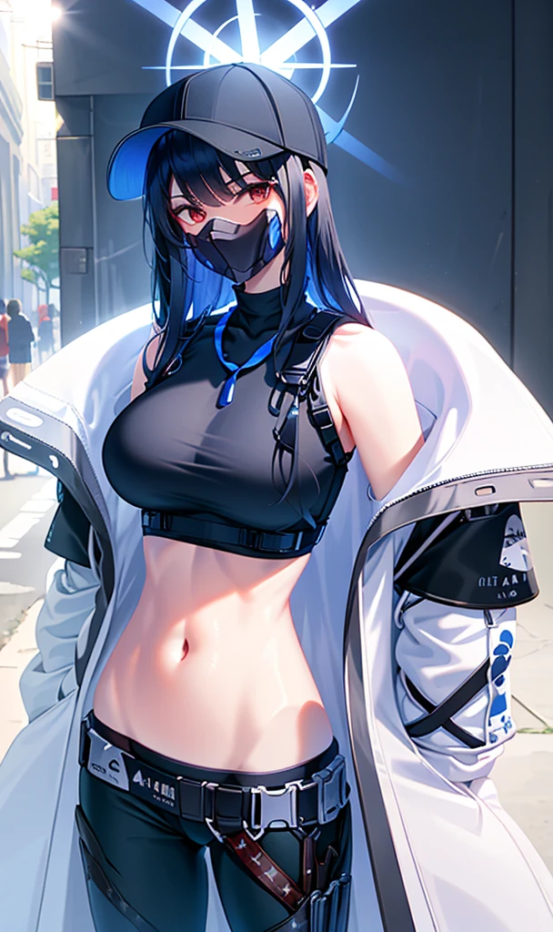 saori, {best quality}, {masterpiece}, detailed, (illustration), 1girl, solo, long hair, navel, breasts, hat, red eyes, pants, baseball cap, black headwear, black gloves, stomach, crop top, sleeveless, halo, large breasts, black shirt, black mask, black pants, black hair, cowboy shot, bangs, looking at viewer, sleeveless shirt, blue hair, holster, bare shoulders, standing, white background, underbust, expressionless, street, long navel, nice navel, ribs, coat, white coat, open clothes, open coat