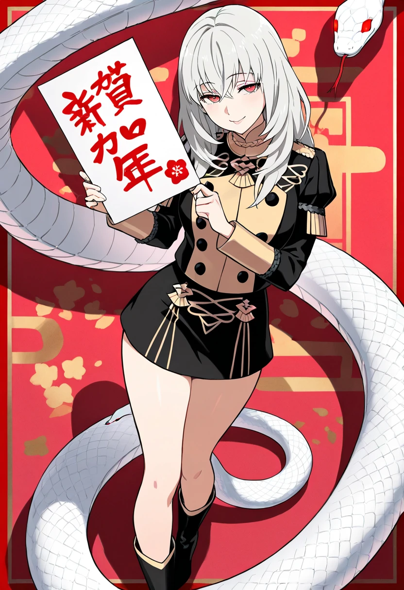 Best Quality, Masterpiece, High Detail, Super Detailed, 1 Girl, , Big , Full Body, Extremely Detailed, Extremely Delicate Beauty, Unbelievably Ridiculous, Beautiful Girl, Mature, Idol, Blonde, Silver Hair, Bundle, Cross Bangs, Red Eyes, Eyes That Can Be Seen Through Hair, Heart-Shaped Eyes, Hands Up, Holding Sign, Garreg Mach Monastery Uniform, Skirt, Miniskirt, Boots, High Heels, Bow Tie, Thighs, Seductive Smile, Light Red, Feet Out of Frame, Border, (Snake), (White Snake), Ouroboros, (Snake Border), (Congratulations on New Year), (2025), (Standing)