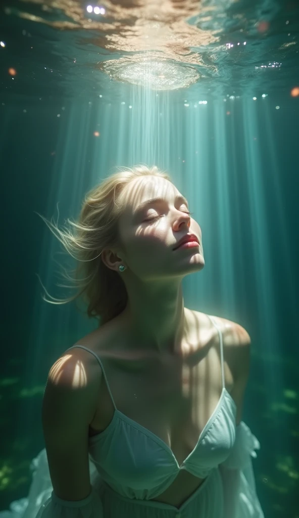 35mm, F/2.8, incredibly detailed and realistic body shot, small light coming in from below, one blond woman swimming under the sea, small surface like a mirror, perfect body, nice human legs, her beautiful face,