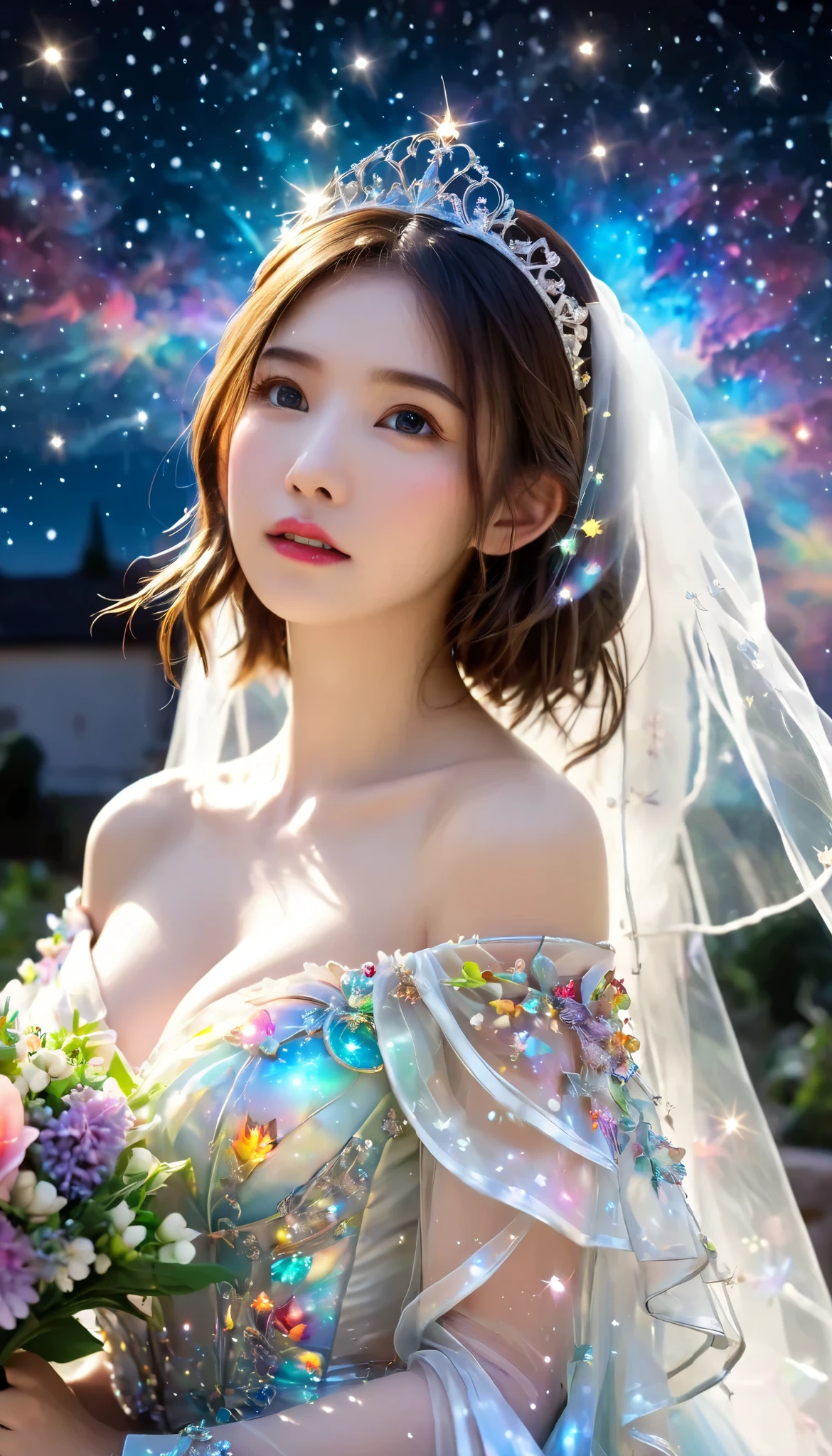 Highest quality, Super quality, 16K, Incredibly absurd, Very detailed, 2.5D, delicate and dynamic, church, Brightly colored stained glass, Small faint lights and flying fireflies, night, Starry Sky, milky way, nebula, shooting star, Flowers, birds, wind and moon, Small face, Extremely delicate facial expression, Delicate eye depiction, Upper body close-up, erotic, sole sexy lady, healthy shaped body, 22 years old lady, bride, 170cm tall, huge firm bouncing busts, Colorful tiaras, A long wedding dress with a complex structure, Colorful long wedding dress, frilly see-through long wedding dress, super long cape from head