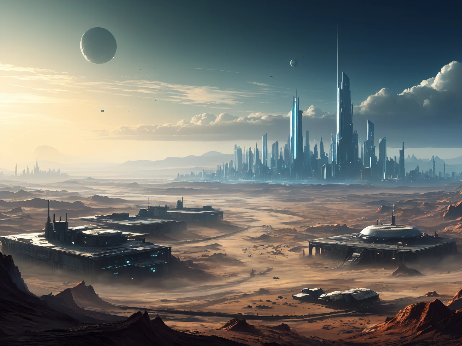 scenery picture in style concept art of a city from outta space, game art, illustration, sci-fi, {style of Neil Blevins|style of Jan Urschel|style of Chris Cold}, wastelands, grim world, soft lighting, blurry color, amazing background, cinematic, high-resolution image.