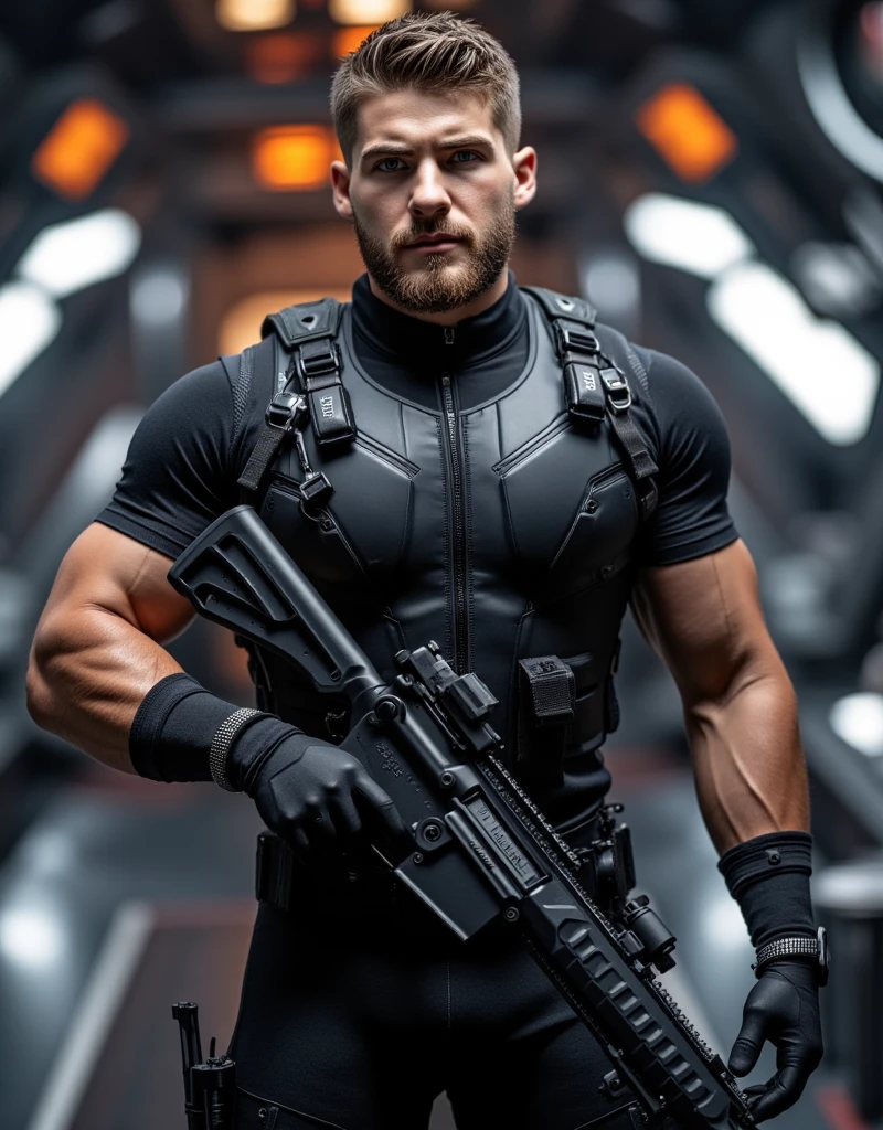 (masterpiece:1.2, Exceptional Quality, Mirror-like, Cinematic Experience, Best illustrations:2.0), Ultra-high resolution, Very detailed, 8k, wallpaper, (Super sexy man:0.5), (Super muscular:2.0), (Cody Christian:2.0), (muscle male space soldier:2.0), (Muscular hairy Chest:2.0), (Elegant body:2.0), (Beautiful Eyes, Shining eyes, Detailed face, small beard, Beautiful skin texture:1.3, short undercut haircut:1.3), (Beautiful male hands:2.0), (Fine hand:2.0), (Hold an advanced assault rifle.:2.0), (combat Stance, looking at camera:2.0), (Wearing a black tactical space soldier uniform.:2.0), (On a space ship:2.0), (Super sexy:2.0), (Very muscular thighs:2.0), (Super functional:2.0), (Cyberpunk:2.0), (SF:2.0), (Visual Effects:2.0), (full body shot:2.0), (dynamic:2.0), (Serious:2.0)