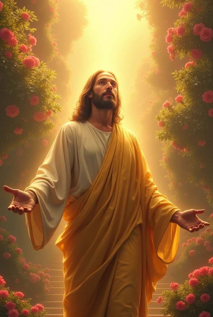  Look at Jesus with a strong light around the center of the image.  On the upper right side a staircase leading to heaven . The sky is filled with beautiful gardens ,  the garden has flowers of all colors. Jesus is wearing a golden robe . 