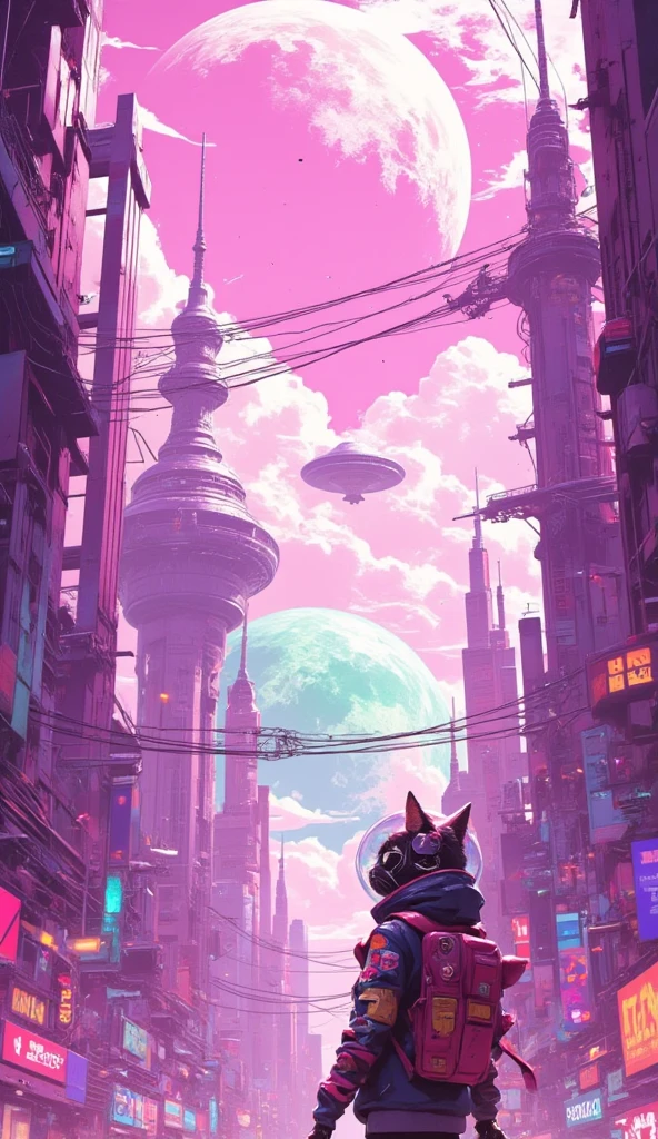 An anime-style scene in a futuristic, cityscape viewed from a very low angle, looking up at the towering, futuristic buildings. The buildings feature surreal elegant structures with futuristic technology. Overhead, there are interconnected bridges and wires stretching across the sky, which is bright with soft clouds. Among the tall buildings, at the bottom right corner of the image stands a cat girl wearing a jetpack and a jacket adorned with patches with fishbowl helmet, with her back to the viewer. She gazes upward in awe, overwhelmed by the towering structures. In the pink sky, there is a giant spaceship, and a giant planet that looks like star wars' death star. The scene is full of vibrant colors and detailed line work, typical of anime-inspired art.