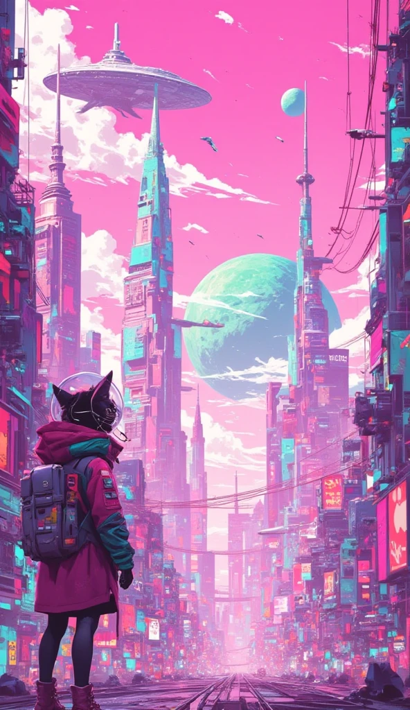 An anime-style scene in a futuristic, cityscape viewed from a very low angle, looking up at the towering, futuristic buildings. The buildings feature surreal elegant structures with futuristic technology. Overhead, there are interconnected bridges and wires stretching across the sky, which is bright with soft clouds. Among the tall buildings, at the bottom right corner of the image stands a cat girl wearing a jetpack and a jacket adorned with patches with fishbowl helmet, with her back to the viewer. She gazes upward in awe, overwhelmed by the towering structures. In the pink sky, there is a giant spaceship, and a giant planet that looks like star wars' death star. The scene is full of vibrant colors and detailed line work, typical of anime-inspired art.