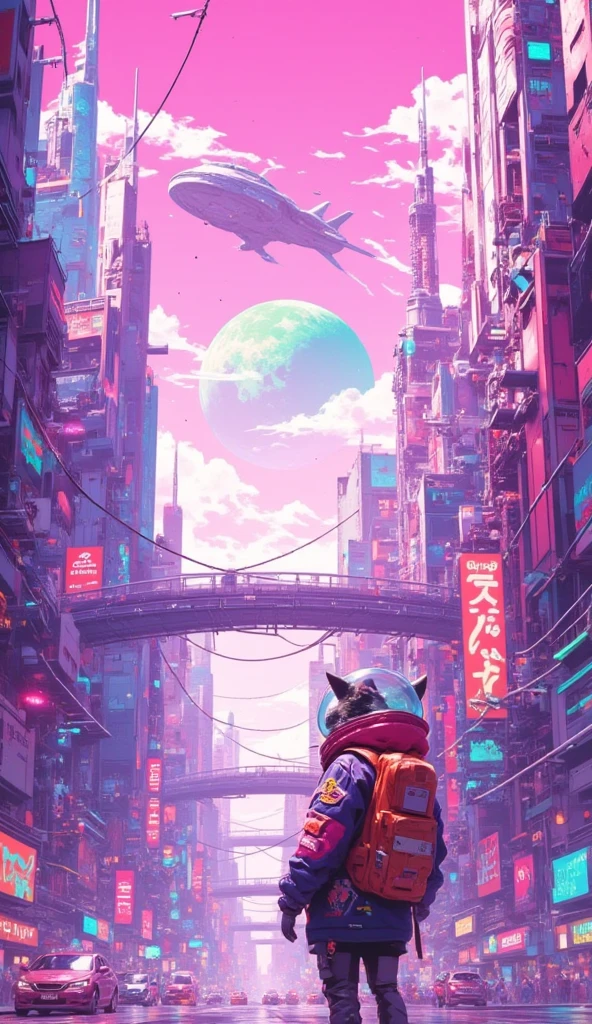 An anime-style scene in a futuristic, cityscape viewed from a very low angle, looking up at the towering, futuristic buildings. The buildings feature surreal elegant structures with futuristic technology. Overhead, there are interconnected bridges and wires stretching across the sky, which is bright with soft clouds. Among the tall buildings, at the bottom right corner of the image stands a cat girl wearing a jetpack and a jacket adorned with patches with fishbowl helmet, with her back to the viewer. She gazes upward in awe, overwhelmed by the towering structures. In the pink sky, there is a giant spaceship, and a giant planet that looks like star wars' death star. The scene is full of vibrant colors and detailed line work, typical of anime-inspired art.