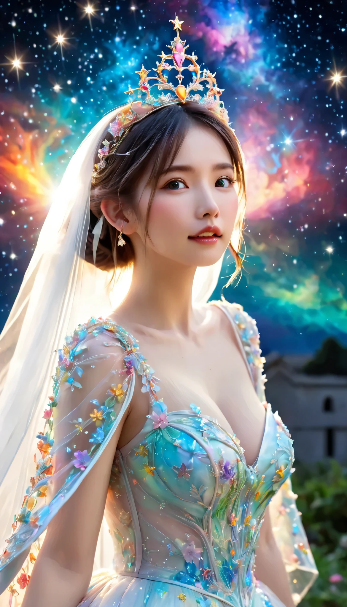 Highest quality, Super quality, 16K, Incredibly absurd, Very detailed, 2.5D, delicate and dynamic, church, Brightly colored stained glass, Small faint lights and flying fireflies, night, Starry Sky, milky way, nebula, shooting star, Flowers, birds, wind and moon, Small face, Extremely delicate facial expression, Delicate eye depiction, Upper body close-up, erotic, sole sexy lady, healthy shaped body, 22 years old lady, bride, 170cm tall, huge firm bouncing busts, Colorful tiaras, A long wedding dress with a complex structure, Colorful long wedding dress, frilly see-through long wedding dress, super long cape from head