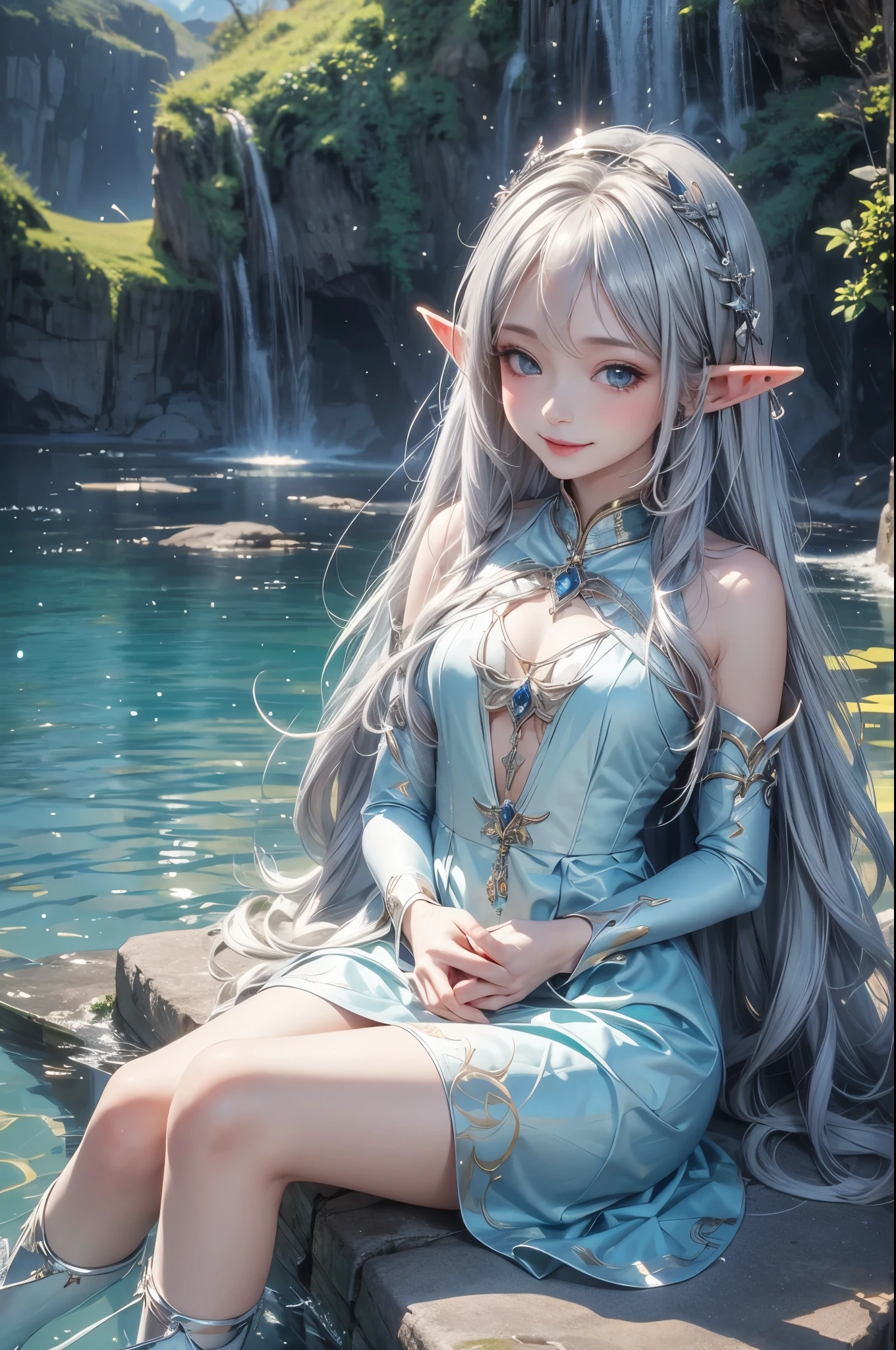 (master piece),(4k),high quality, small breasts,1girl,elf,long silver hair,pale skin,smile,white and blue costume,sitting in lakeside,(beautiful fantasy anime),film Lighting
