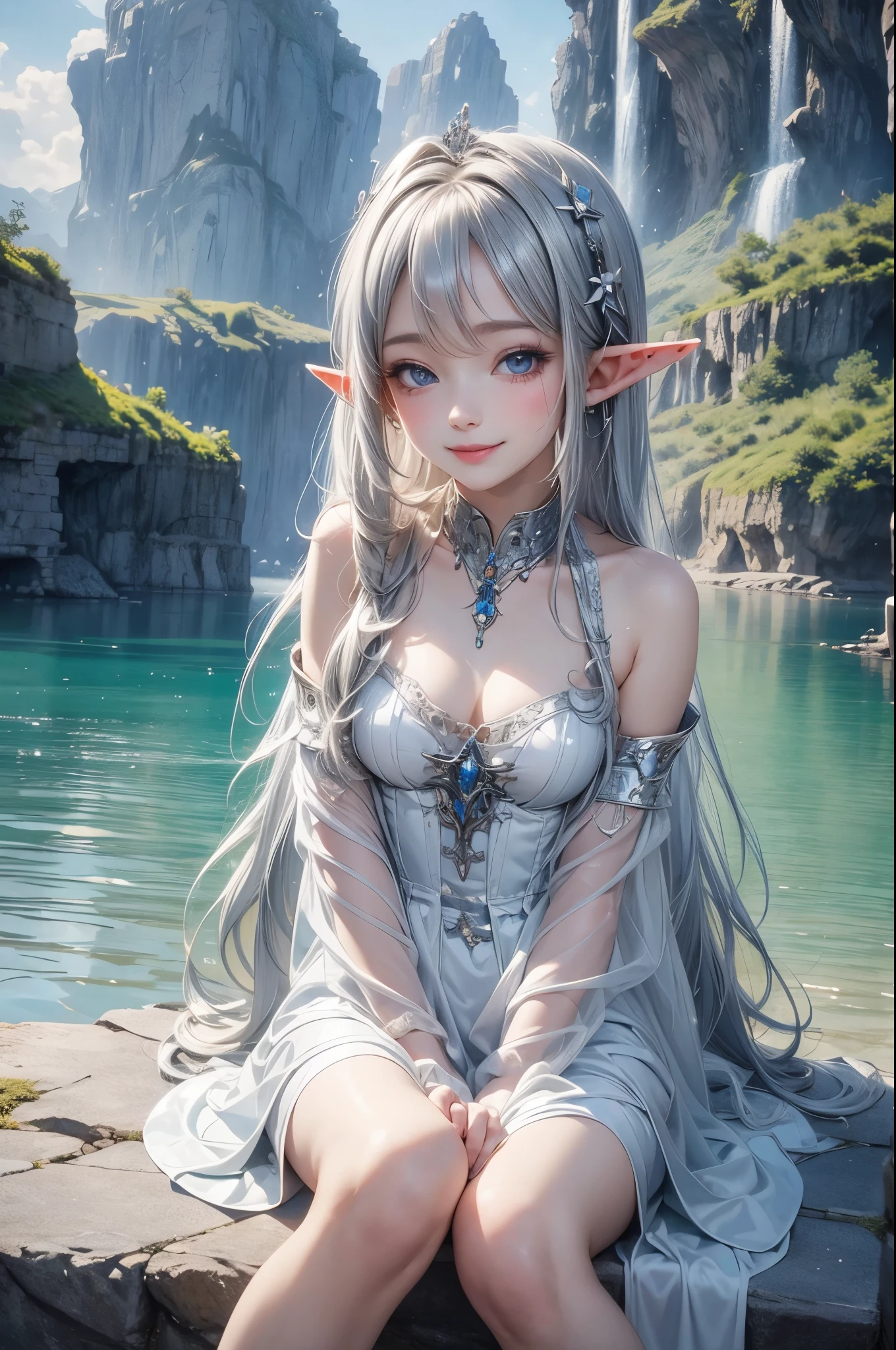 (master piece),(4k),high quality, small breasts,1girl,elf,long silver hair,pale skin,smile,white and blue costume,sitting in lakeside,(beautiful fantasy anime),film Lighting
