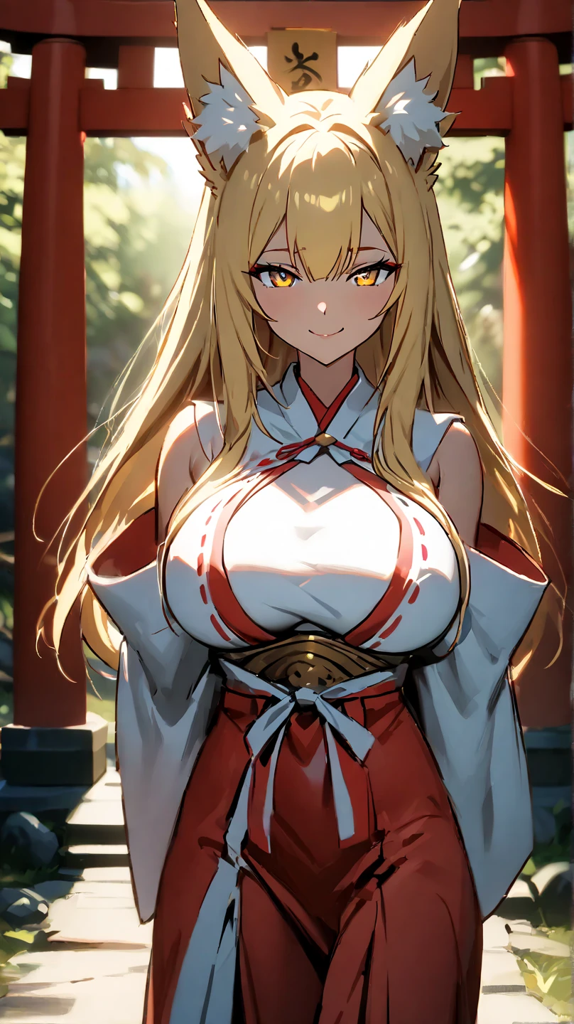 (masterpiece),(best quality),(ultra detailed),(illustration),(an extremely delicate and beautiful),(anime colored),woman is fox girl,monster girl,(giganticboobs:1.3),curvy,(shiny hair),very long hair,(flipped hair),sidelocks,(crossed bangs),(blonde hair),fox eyes,(((((((nine fox tails))))))),(((Japanese circlet))),(red eyes),(shiny skin),(((japanese kikono))),cleavage cutout,off shoulder,thigh,legs