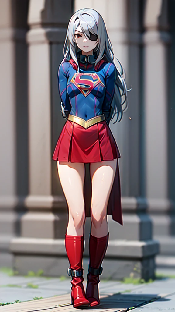 (whole body), (masterpiece:1.2), (Highest_quality:1.2), (Ultra_detailed:1.3), 8k,Low Angle，From below，1 girl，solo，Big ass girl, Frustrated face，Glare，Watch the audience，Mid-chest, barefoot，Red long boots，3D Rendering,( Supergirl)，Laura Bodewig, Long Hair, (Red eyes:1.3), Grey Hair, Eye patch,Red Skirt，The skirt is short,，A blue leotard is visible under the skirt.，The skirt is blown away by the wind，Red Cape，gloves，Simple Background，White Background，(STANDING BY WOODEN POLE)，Iron Collar, Put your arms behind your back, Iron Cuffs, bondage, bound,