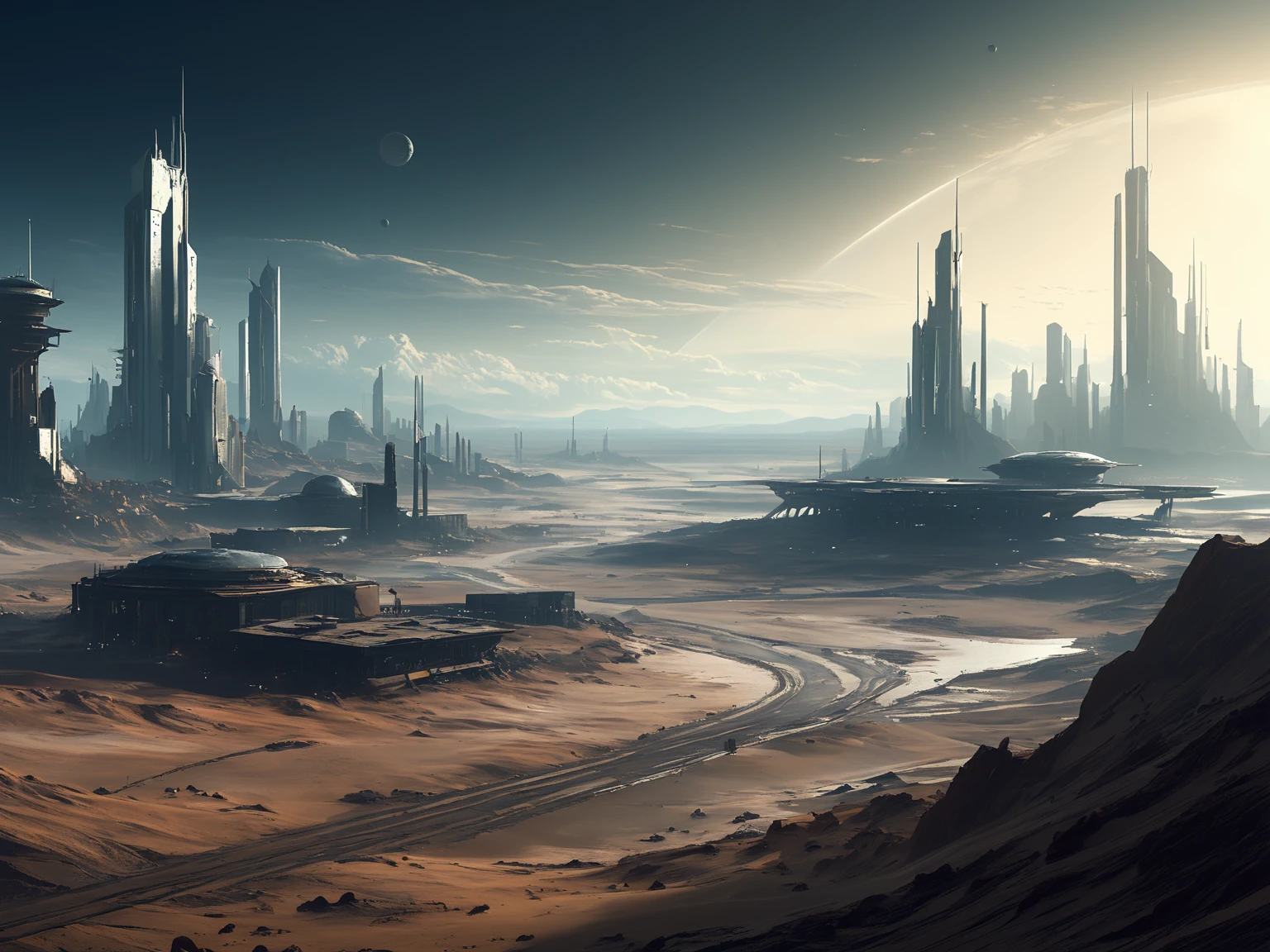 scenery picture in style concept art of a city from outta space, game art, illustration, sci-fi, {style of Neil Blevins|style of Jan Urschel|style of Chris Cold}, wastelands, grim world, soft lighting, blurry color, amazing background, cinematic, high-resolution image.