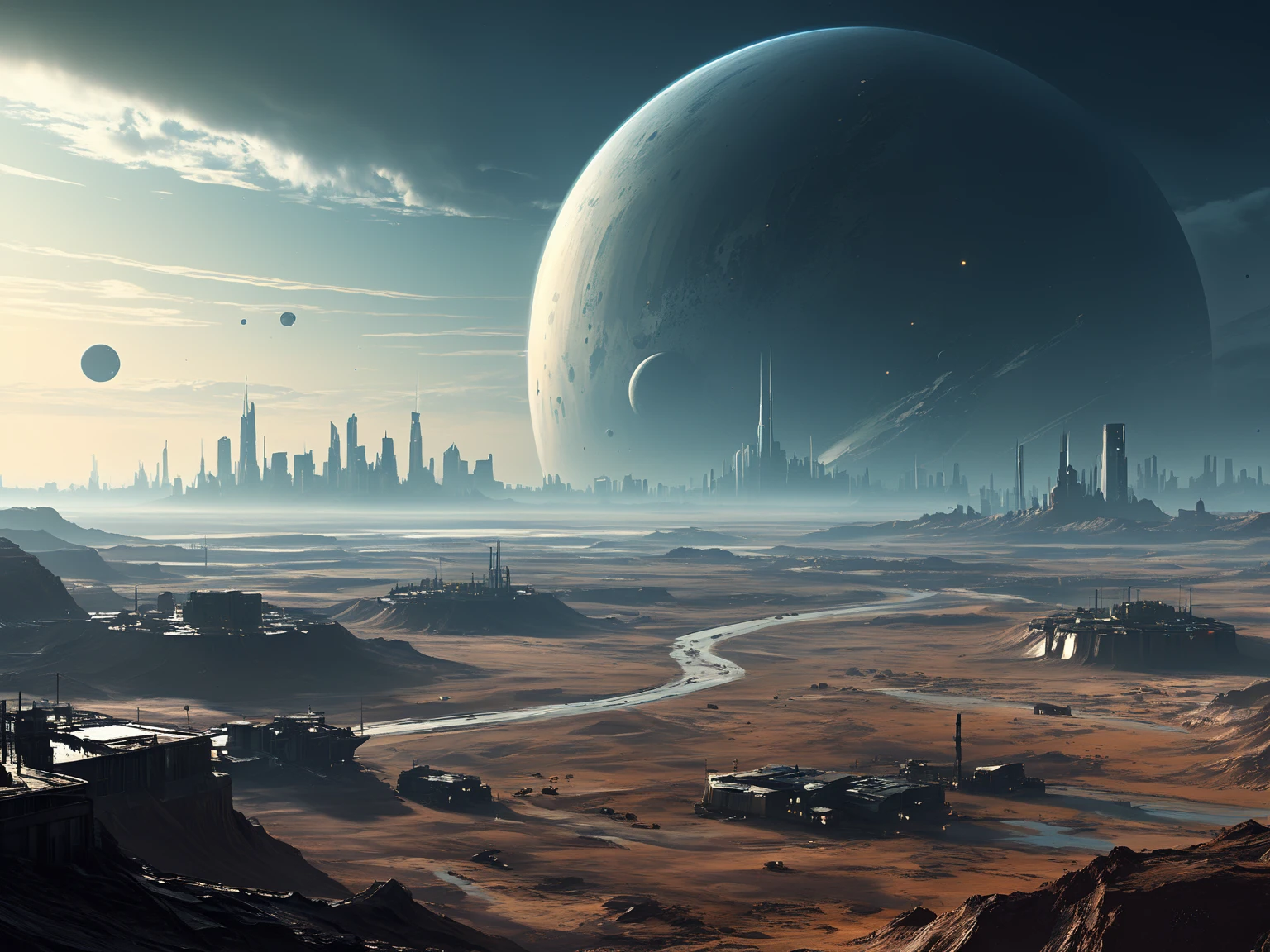 scenery picture in style concept art of a city from outta space, game art, illustration, sci-fi, {style of Neil Blevins|style of Jan Urschel|style of Chris Cold}, wastelands, grim world, soft lighting, blurry color, amazing background, cinematic, high-resolution image.