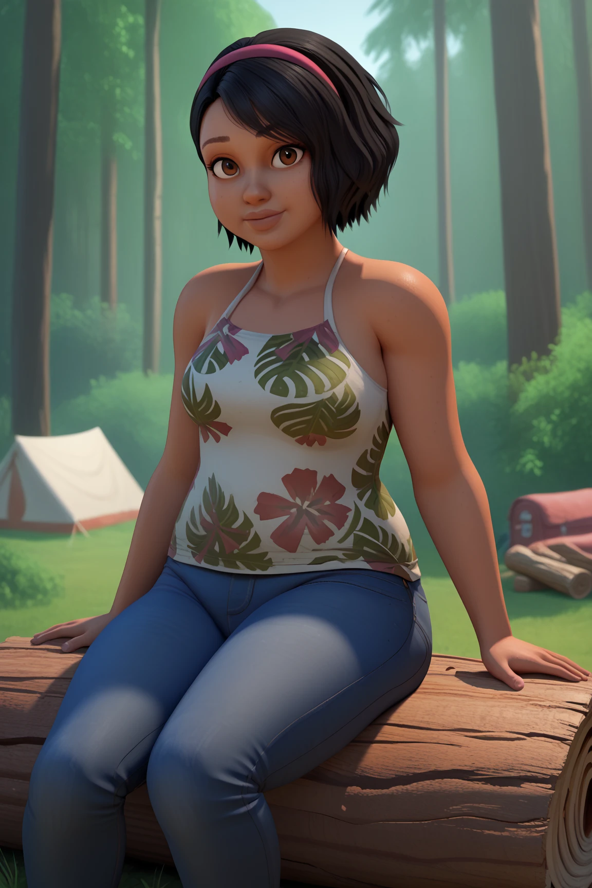 1girl, solo, SammyGutierrez(big fat body), black hair, short hair, pink hairband, brown eyes, dark-skinned female, tank top, floral print, bare shoulders, jeans, cowboy shot, day, outdoors, campfire, tent,  forest, looking at viewer, sitting, sitting on log,(clothes that fit your big, fat body size).