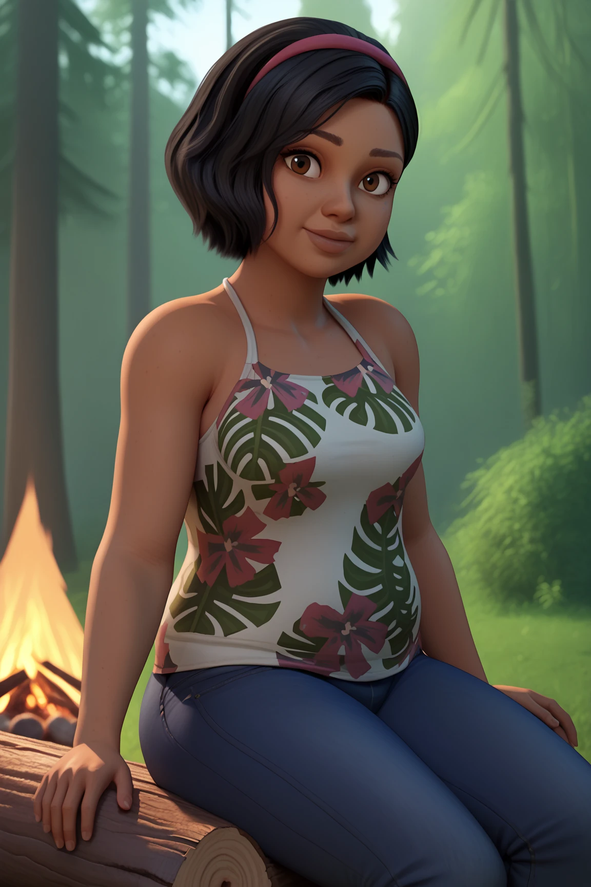 1girl, solo, SammyGutierrez(big fat body), black hair, short hair, pink hairband, brown eyes, dark-skinned female, tank top, floral print, bare shoulders, jeans, cowboy shot, day, outdoors, campfire, tent,  forest, looking at viewer, sitting, sitting on log,(clothes that fit your big, fat body size).