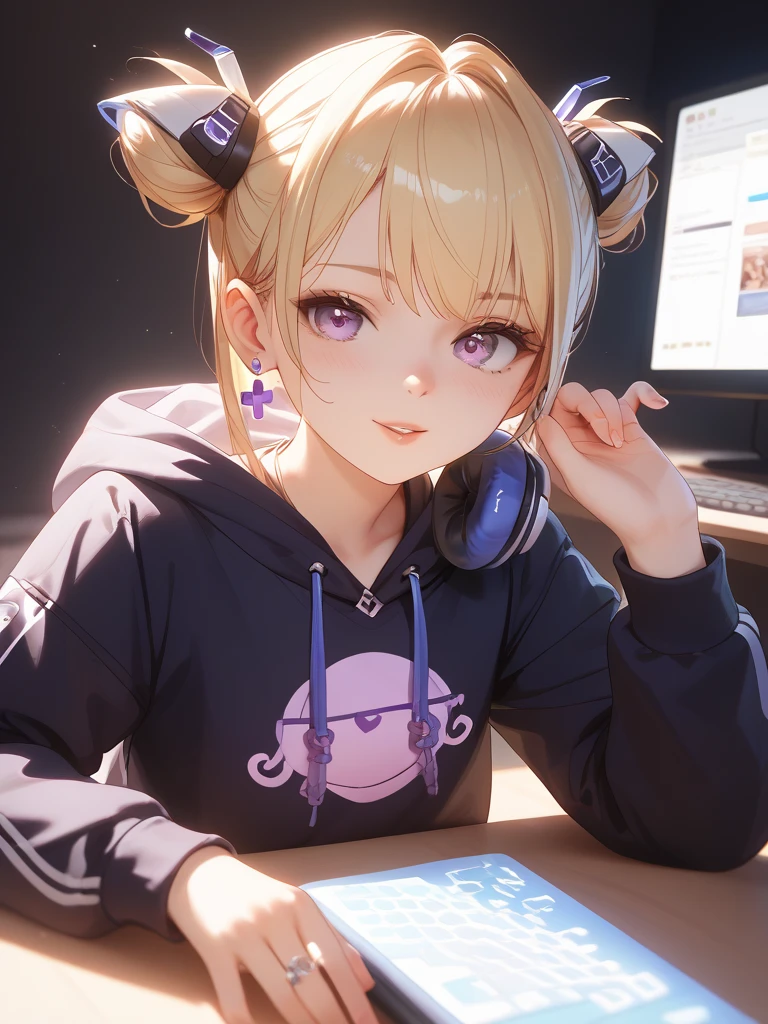  One Girl 、 Shortcut 、 headphones、 hoodie、 Dark Room、 computer、earring listening to music、Blonde、 high definition、masterpiece、accurate、 high image quality model、 close-up,  little chest,  small tits