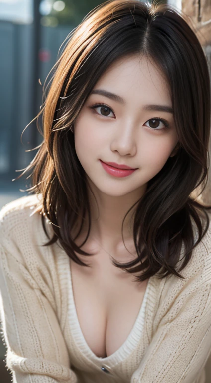realistic photograph, 1woman, 23-year-old, light eyes and shoulder-length brown hair, illuminated by the dawn light, shy smile, while she looks at the camera with an innocent look, high quality, high details, an extremely beautiful, 