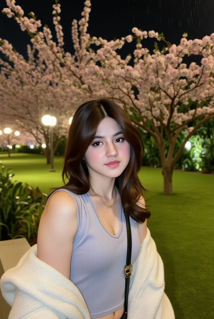 a young Asian woman with long dark brown hair stands in front of a blurred night view backdrop of a grassy field , there is a big cherry blossom tree. the atmosphere is a little drizzling rain. She is wearing a gray sleeveless vest and white cardigan , a gold neklace and a black purse. She has a slight smile on her face, adding a pop of color to her face. The background is rain