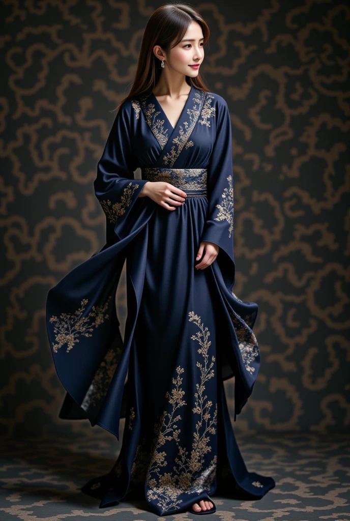 masterpiece, solo,full body, a japanese woman, long hair,black eyes,wearing a long dress,the dress made with the japanese delicate and complex pattarn , thin and soft fabric, dark deep blue, intricate graceful nature pattern with gold and various colors , elegant gown, long flowing sleeves inspired by traditional kimono, sash is inspired obi, delicate embroidery.simple dark background but cinematic light.