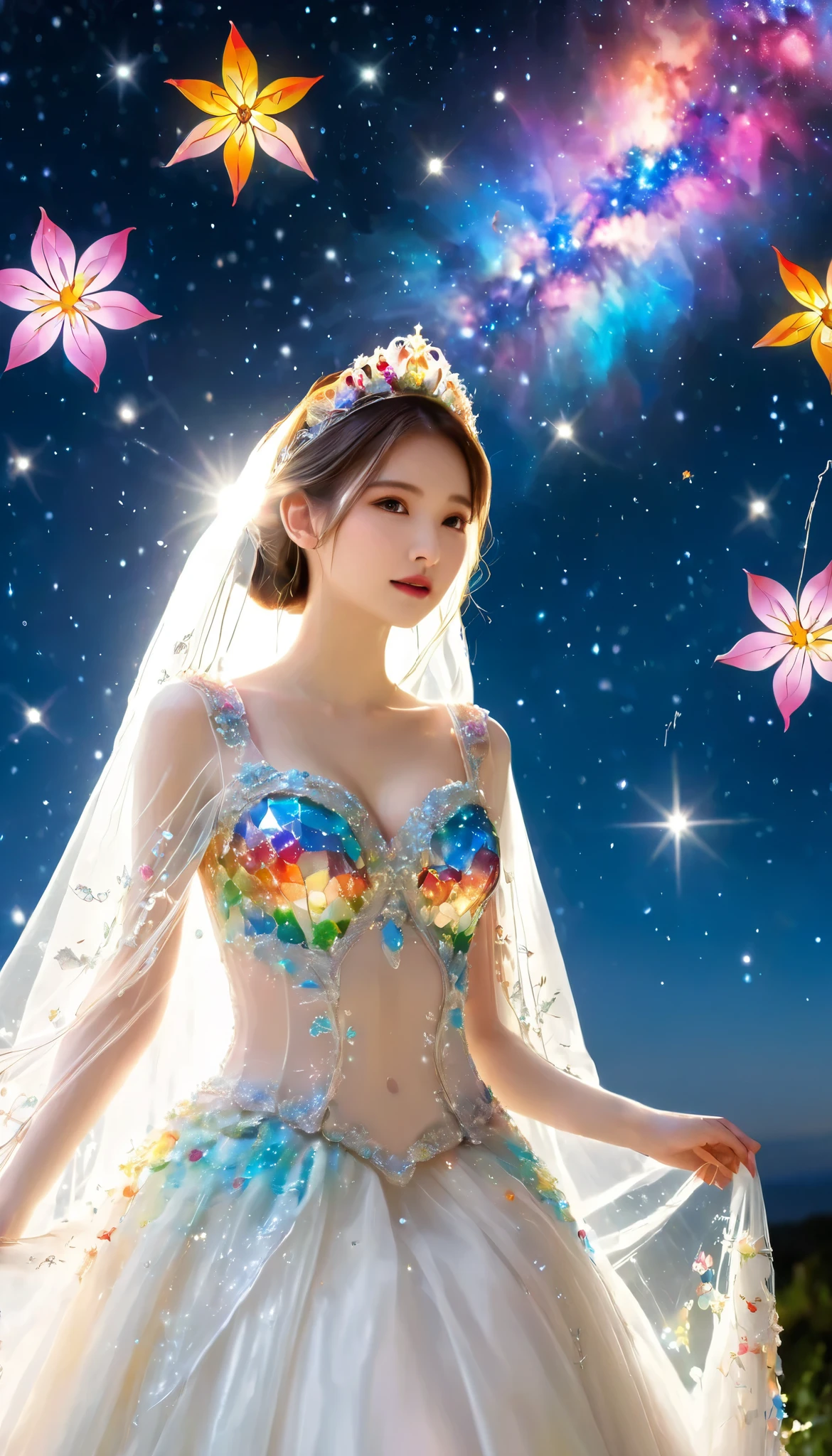 Highest quality, Super quality, 16K, Incredibly absurd, Very detailed, 2.5D, delicate and dynamic, church, Brightly colored stained glass, Small faint lights and flying fireflies, night, Starry Sky, milky way, nebula, shooting star, Flowers, birds, wind and moon, Small face, Extremely delicate facial expression, Delicate eye depiction, Upper body close-up, erotic, sole sexy lady, healthy shaped body, 22 years old lady, bride, 170cm tall, huge firm bouncing busts, Colorful tiaras, A long wedding dress with a complex structure, Colorful long wedding dress, frilly see-through long wedding dress, super long cape from head
