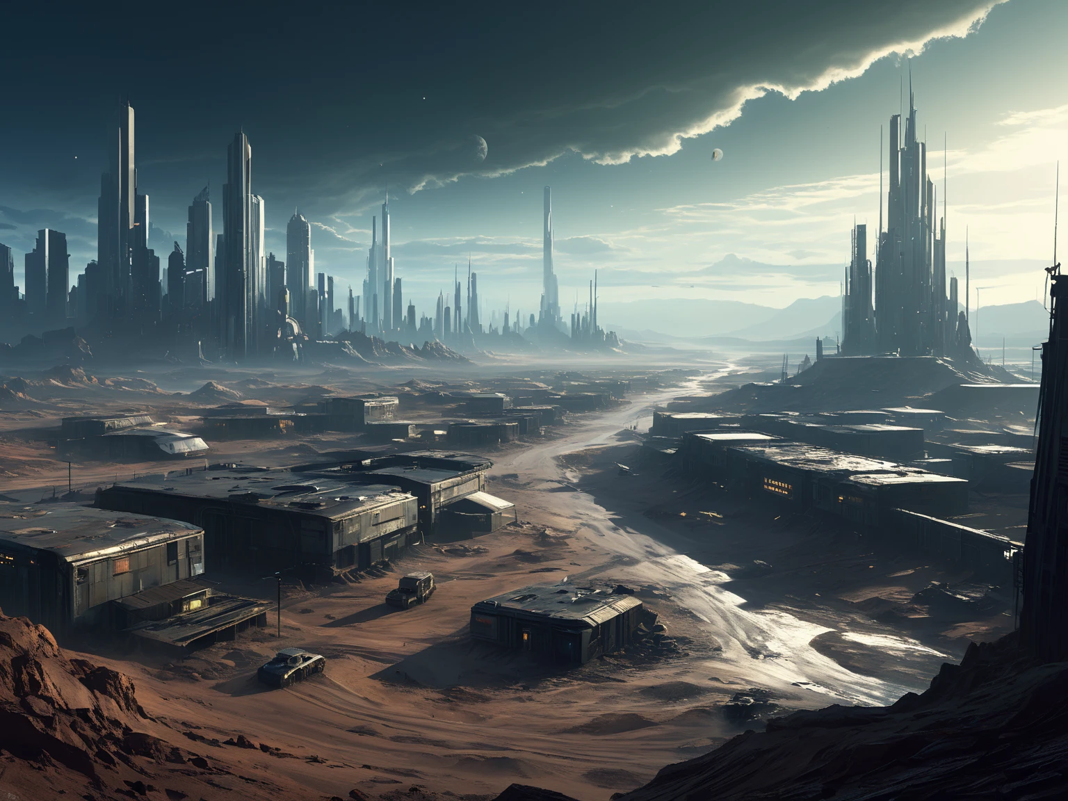 scenery picture in style concept art of a city from outta space, game art, illustration, sci-fi, {style of Neil Blevins|style of Jan Urschel|style of Chris Cold}, wastelands, grim world, soft lighting, blurry color, amazing background, cinematic, high-resolution image.