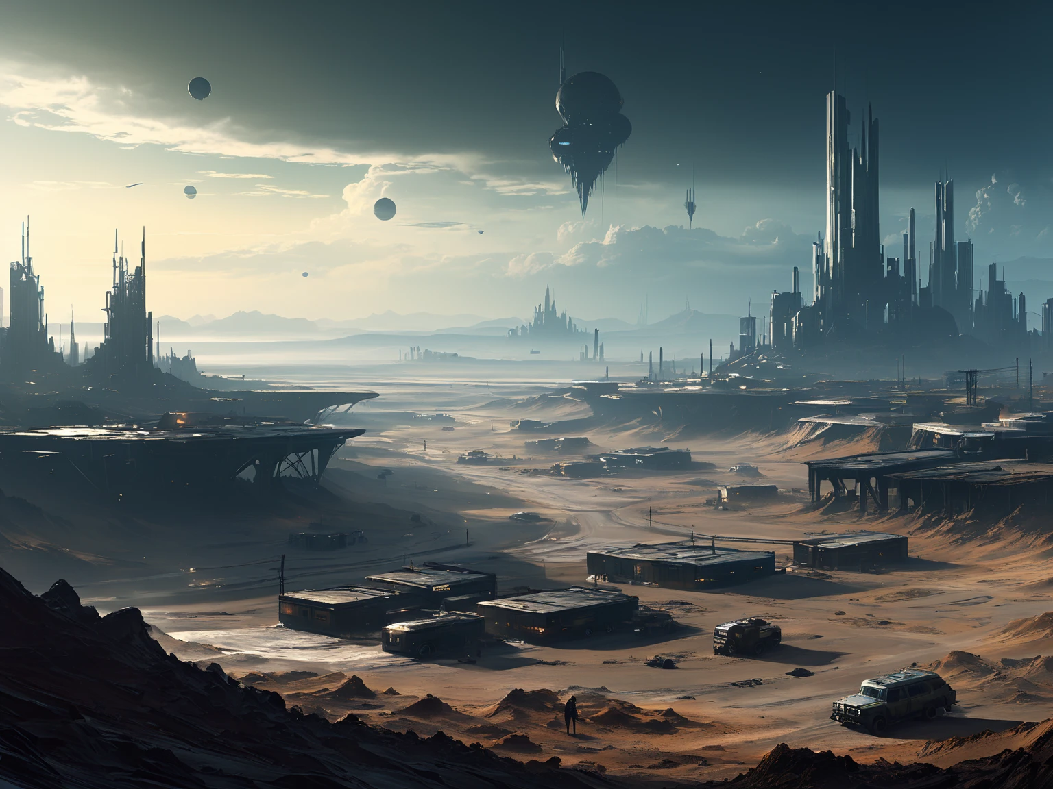 scenery picture in style concept art of a city from outta space, game art, illustration, sci-fi, {style of Neil Blevins|style of Jan Urschel|style of Chris Cold}, wastelands, grim world, soft lighting, blurry color, amazing background, cinematic, high-resolution image.