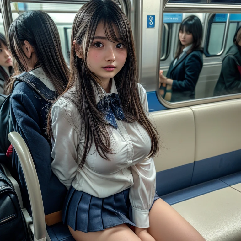 8K, RAW portrait of (japanese woman),masterpiece、Photoreal:1.3、realistic, ultra high resolution, highest quality, real life photos ,( When evening comes :1.1),(((show off panties:1.4)))、((visible panties:1.4))、((On the Yamanote Line train))、
((((1 girl:1.5)))), (((電車内で座席に座りスカートをたくし上げてShow off your panties女子高生:1.4)))、(cute face:1.3)、日本の1 girl,((Two Japan High School Girls))、((1 real high school girl))、((Japan High School Uniforms:1.6))、  black hair,(Depth of written boundary:1.3)、 ((dark brown eyes:1.2))、(real skin texture:1.3)、(An immersive atmosphere:0.8、chiaroscuro:1.2) 、(look viewer:1.3)、((embarrassed look:1.3))、((red cheeks:1.1))、((wearing very small silk panties))、((Show off your panties:1.4))、((Woman rolling up her skirt))、((Emphasis on panties))、The cutest girls in the world、((spread your legs to the side:1.1))、(close up on panties:1.3)