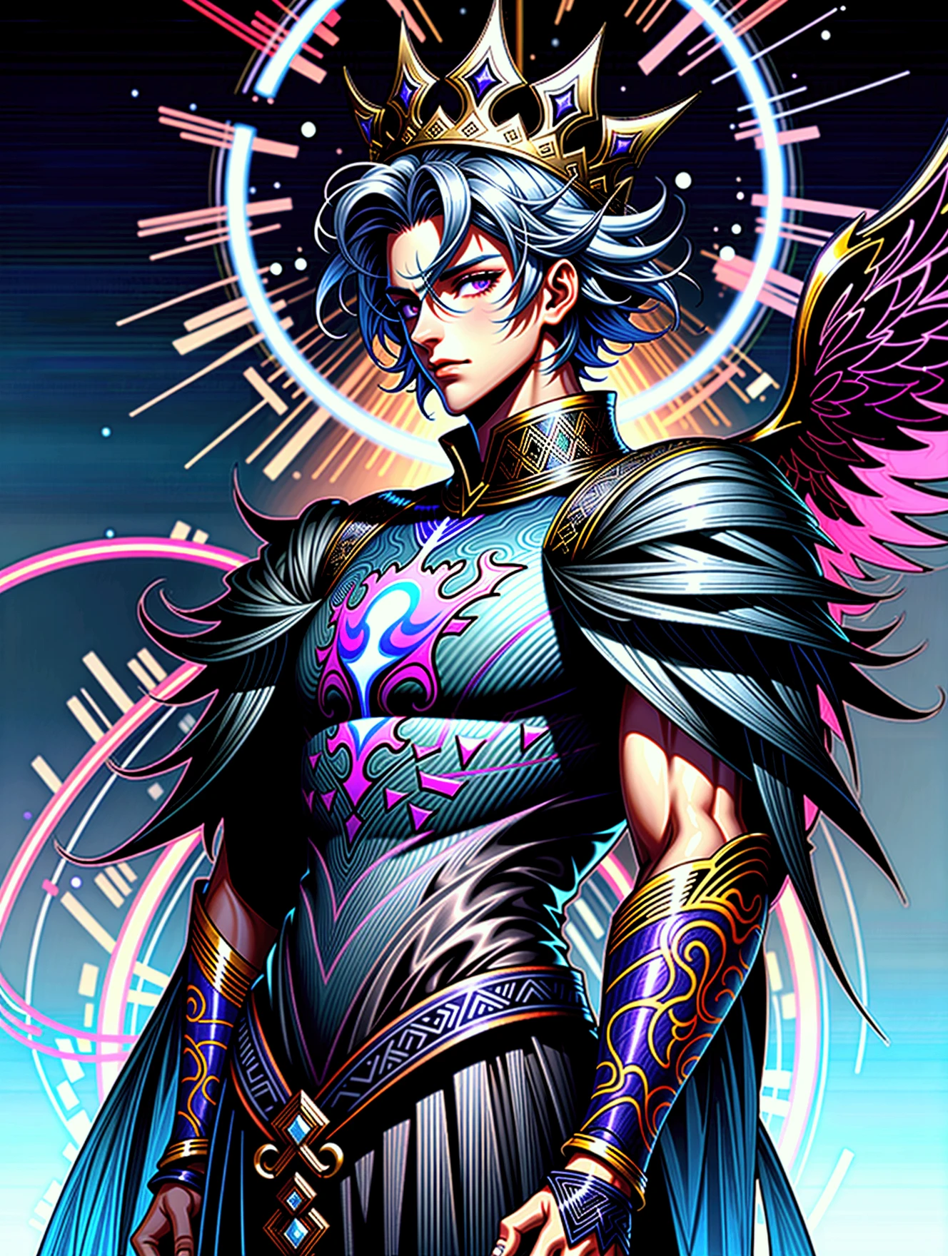 A masterpiece depicting the sovereign of the Tenebrous Realms, bathed in shadowy grandeur with a cinematic, ethereal quality. The young man’s handsome face features glowing violet-purple eyes that exude an otherworldly intensity, complemented by his vibrant red lips. His long, bone-straight white hair flows with an ethereal shimmer, adding to his celestial aura. Atop his head rests the Crown of Oblivion, a dark obsidian crown pulsating with violet energy, jagged spires extending outward and surrounded by flickering tendrils of shadowy flame.
His immense wings stretch powerfully behind him, each feather detailed with deep blacks and rich purples, alive with swirling, vibrant violet flames that writhe and twist in mesmerizing patterns. These flames, glowing and intense, shift in an ever-changing dance, symbolizing his control over the realm's chaos. His toned physique is elegant and commanding, draped in a black ensemble of flowing robes and armor-like accents, the fabric alive with faint celestial patterns of stars and void-like imagery.
The surrounding landscape reflects the essence of the Tenebrous Realms: vast expanses of swirling shadows, ethereal rivers of light cutting through the void, and celestial bodies glowing faintly in the starless sky. The air is thick with energy, mist swirling around him, occasionally illuminated by sudden flashes of violet lightning. He floats serenely, his aura radiating divine authority and timeless power, his figure casting a glowing shadow that bends the very fabric of the realm.
Every element is meticulously rendered with extraordinary precision—from the intricate design of his wings to the flickering flames, the ethereal Crown of Oblivion, and the majestic aura surrounding him. This scene, captured in breathtaking 128k resolution, immortalizes the ruler of the Tenebrous Realms in all his power, mystery, and authority.