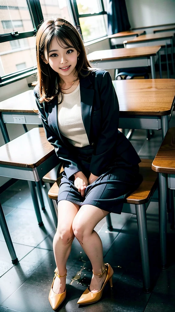 ((8K, RAW Photos, Highest quality, masterpiece), High-resolution RAW color photos、Professional close-up photography, (Realistic, Photorealism: 1.37), (Highest quality), (Best Shadow), (Best illustrations), clavicle ((big)), ((erotic, sexy, Ultra-high resolution, High quality CG integrated 8K wallpaper, Physically Based Rendering, Cinema Lighting), (aegyo sal:1), 18-year-old girl, (Grey blazer, ribbon, socks, High School Uniform,panty: 1.2), High school classroom, Beautiful details in the eyes, Light on the face, (Full Body Shot), Particularly strong light, (Upward glance, Grinning smile:1.2),Shiny skin, (((Black Hair, Bob Hair:1.2))), shy, (flash:1.2), Browsing Caution , (Puffy pussy), ((Seductive posture: 1.2, Charm: 1.2)), (Idol), (Sitting with legs spread on a desk in the classroom: 1.2)), ((Excellent anatomy: 1.2)), ((Bright and refreshing classrooms, The background is blurred: 1.2)), Perfect Face, Cute face, (High angle shot:1.2)