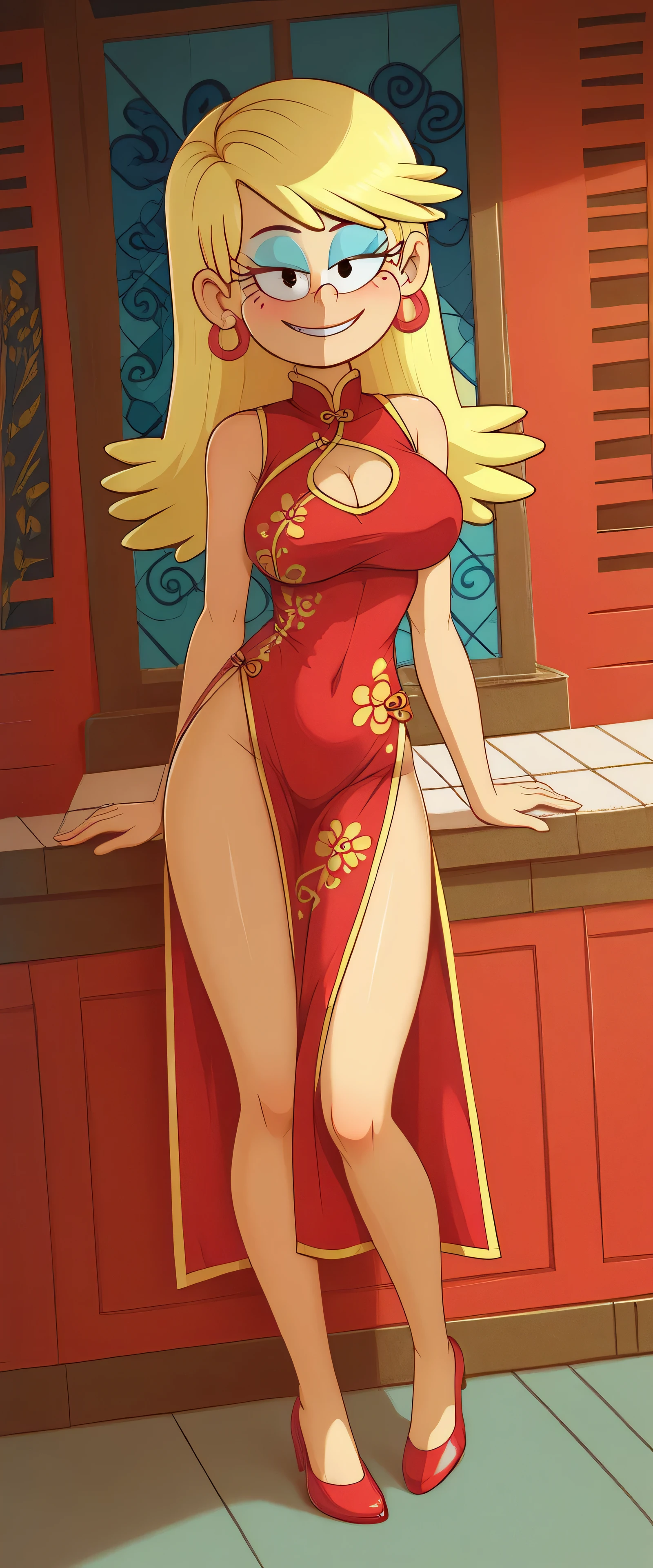 safe_pos, score_9, score_8_up, score_7_up BREAK blonde hair, long hair, earrings, blue eyeshadow, leni loud, the loud house, BREAK large breasts, BREAK looking at you, cheongsam, inside of a chinese temple, full body view, standing