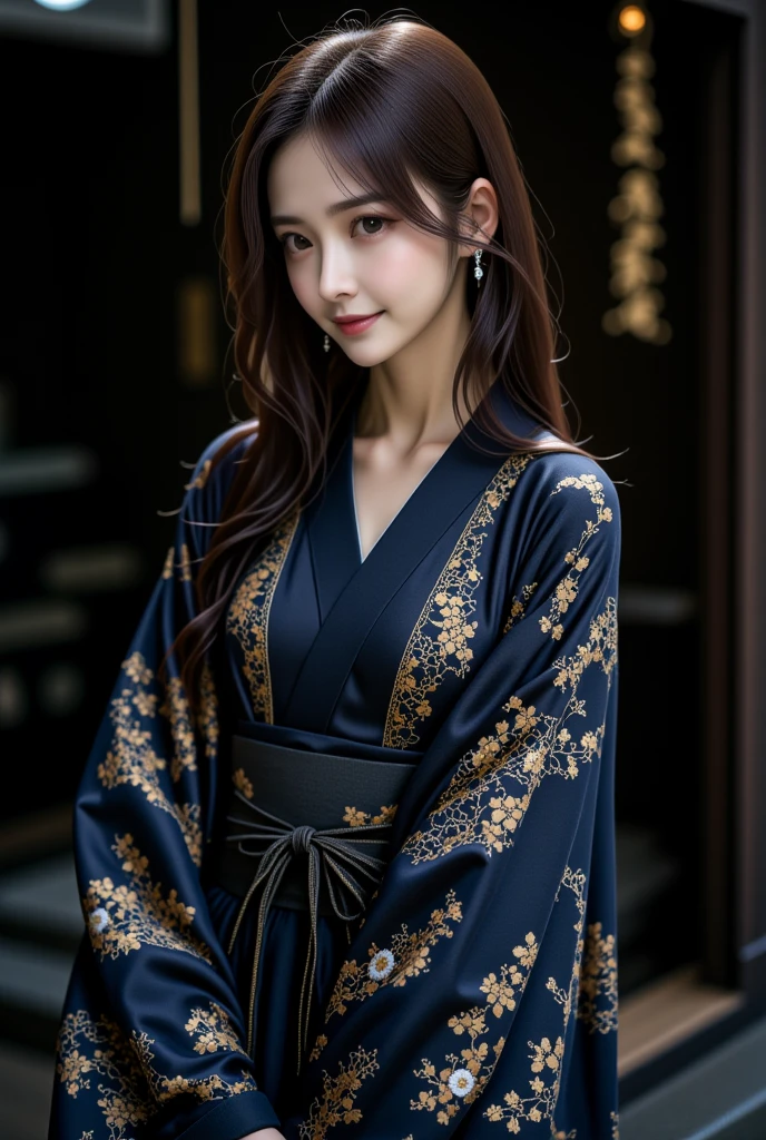 masterpiece, solo,full body, a japanese woman, long hair,black eyes,wearing a long dress,the dress made with the japanese delicate and complex pattarn , thin and soft fabric, dark deep blue, intricate graceful nature pattern with gold and various colors , elegant gown, long flowing sleeves inspired by traditional kimono, sash is inspired obi, delicate embroidery.simple dark background but cinematic light.