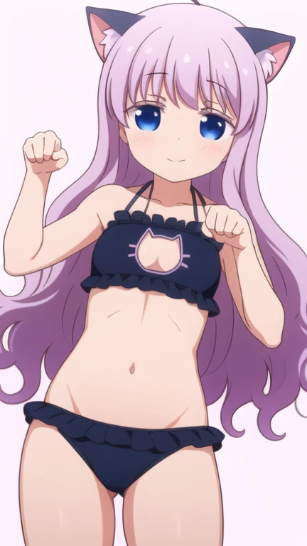 hiquality、16 K、(Lori),((small tits)),on the beds、Arms behind your head、Armpits、((puffies_Nipples))、spreading legs、(Bikini with blue stripes)、on the bed、darkened room、blushed、(:o)、Sweat、I'm surprised、Light purple hair、a purple eye、teats