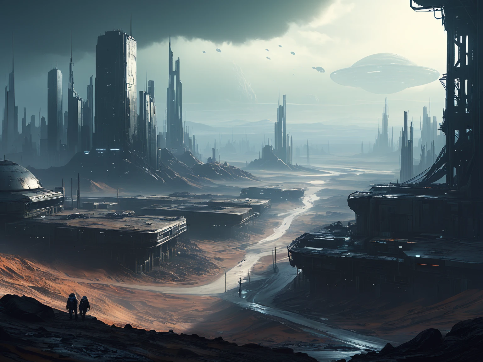 scenery picture in style concept art of a city from outta space, game art, illustration, sci-fi, {style of Neil Blevins|style of Jan Urschel|style of Chris Cold}, wastelands, grim world, soft lighting, blurry color, amazing background, cinematic, high-resolution image.