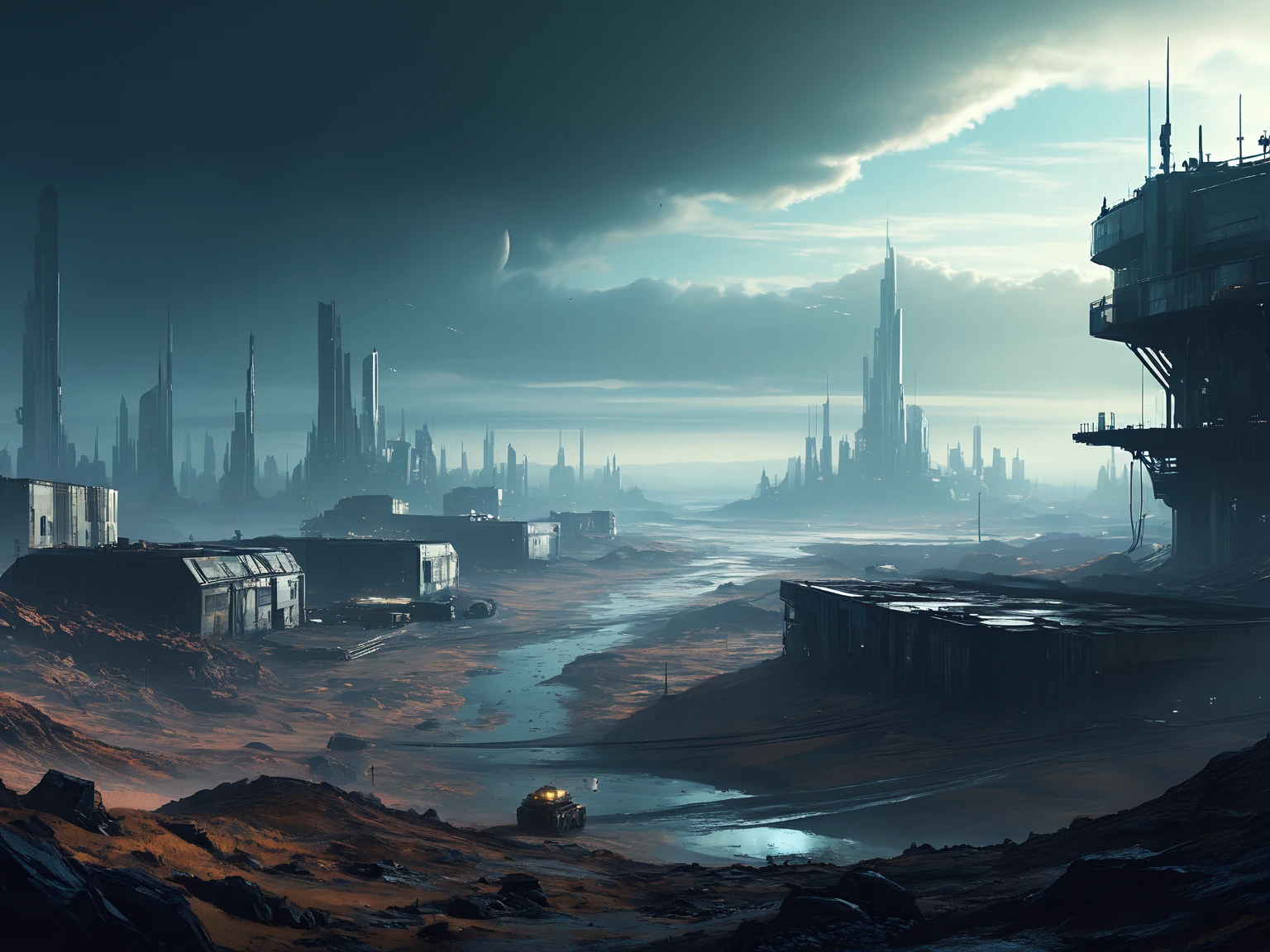 scenery picture in style concept art of a city from outta space, game art, illustration, sci-fi, {style of Neil Blevins|style of Jan Urschel|style of Chris Cold}, wastelands, grim world, soft lighting, blurry color, amazing background, cinematic, high-resolution image.