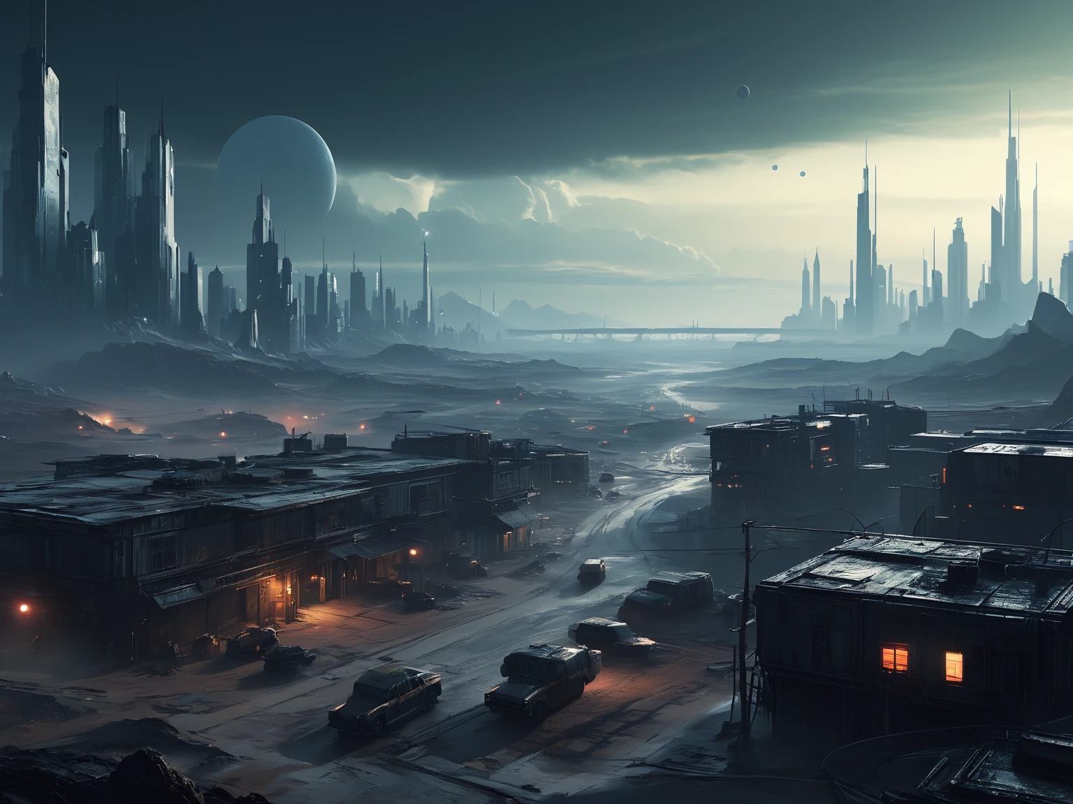 scenery picture in style concept art of a city from outta space, game art, illustration, sci-fi, {style of Neil Blevins|style of Jan Urschel|style of Chris Cold}, wastelands, grim world, soft lighting, blurry color, amazing background, cinematic, high-resolution image.