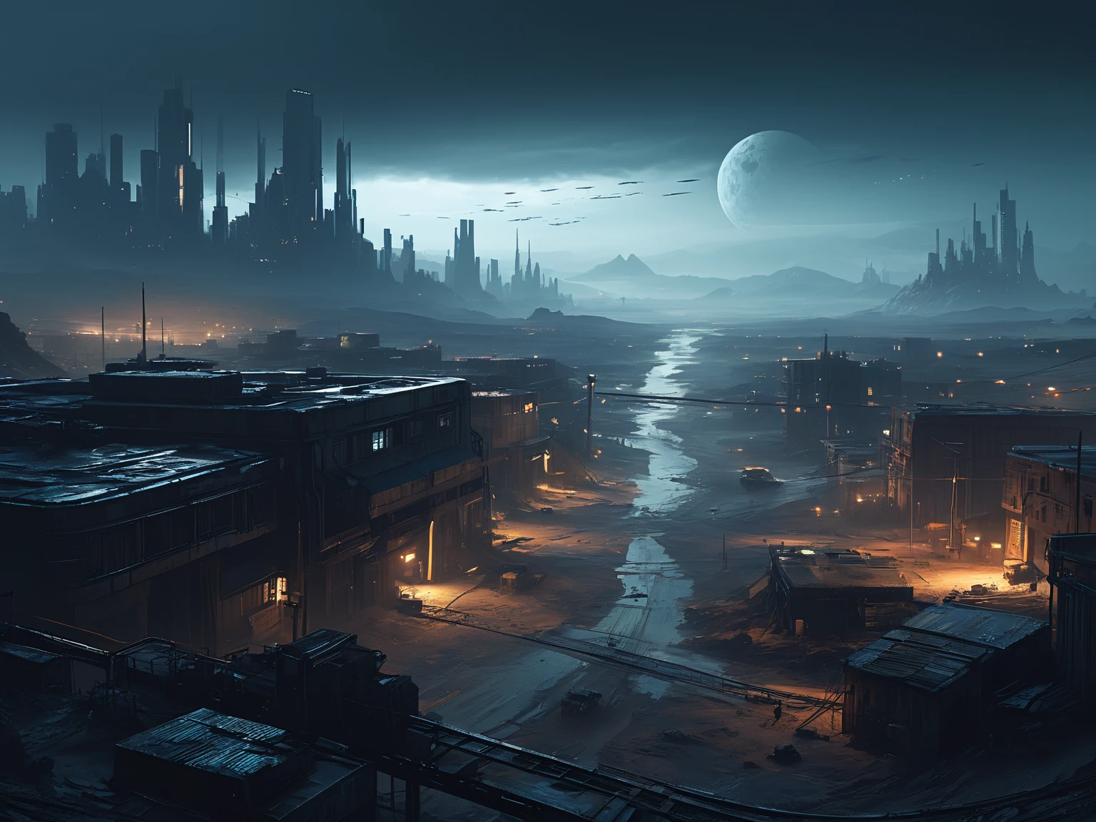 scenery picture in style concept art of a city from outta space, game art, illustration, sci-fi, {style of Neil Blevins|style of Jan Urschel|style of Chris Cold}, wastelands, grim world, soft lighting, blurry color, amazing background, cinematic, high-resolution image.