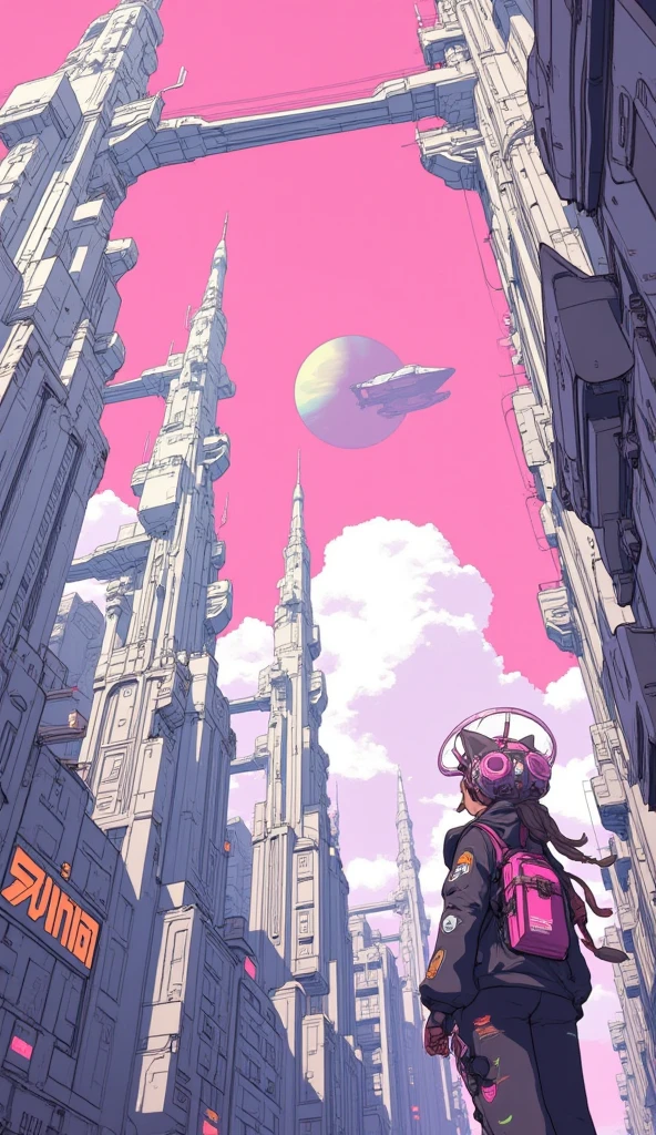 An anime-style scene in a futuristic, cityscape viewed from a very low angle, looking up at the towering, futuristic buildings. The buildings feature surreal elegant structures with futuristic technology. Overhead, there are interconnected bridges and wires stretching across the sky, which is bright with soft clouds. Among the tall buildings, at the bottom right corner of the image stands a cat girl wearing a jetpack and a jacket adorned with patches with fishbowl helmet, with her back to the viewer. She gazes upward in awe, overwhelmed by the towering structures. In the pink sky, there is a giant spaceship, and a giant green planet. The scene is full of vibrant colors and detailed line work, typical of anime-inspired art.