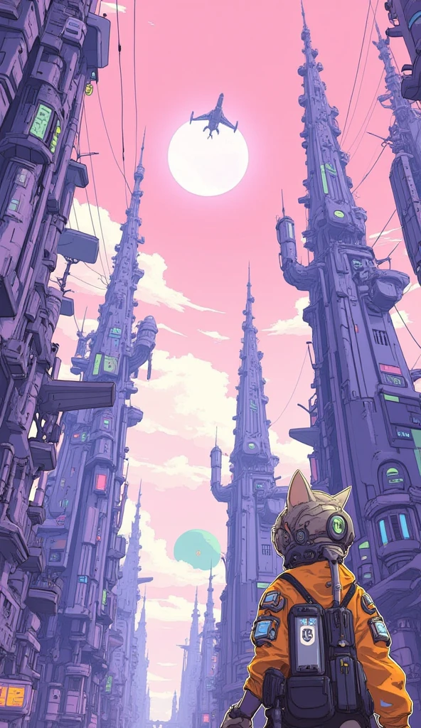 An anime-style scene in a futuristic, cityscape viewed from a very low angle, looking up at the towering, futuristic buildings. The buildings feature surreal elegant structures with futuristic technology. Overhead, there are interconnected bridges and wires stretching across the sky, which is bright with soft clouds. Among the tall buildings, at the bottom right corner of the image stands a cat girl wearing a jetpack and a jacket adorned with patches with fishbowl helmet, with her back to the viewer. She gazes upward in awe, overwhelmed by the towering structures. In the pink sky, there is a giant spaceship, and a giant green planet. The scene is full of vibrant colors and detailed line work, typical of anime-inspired art.