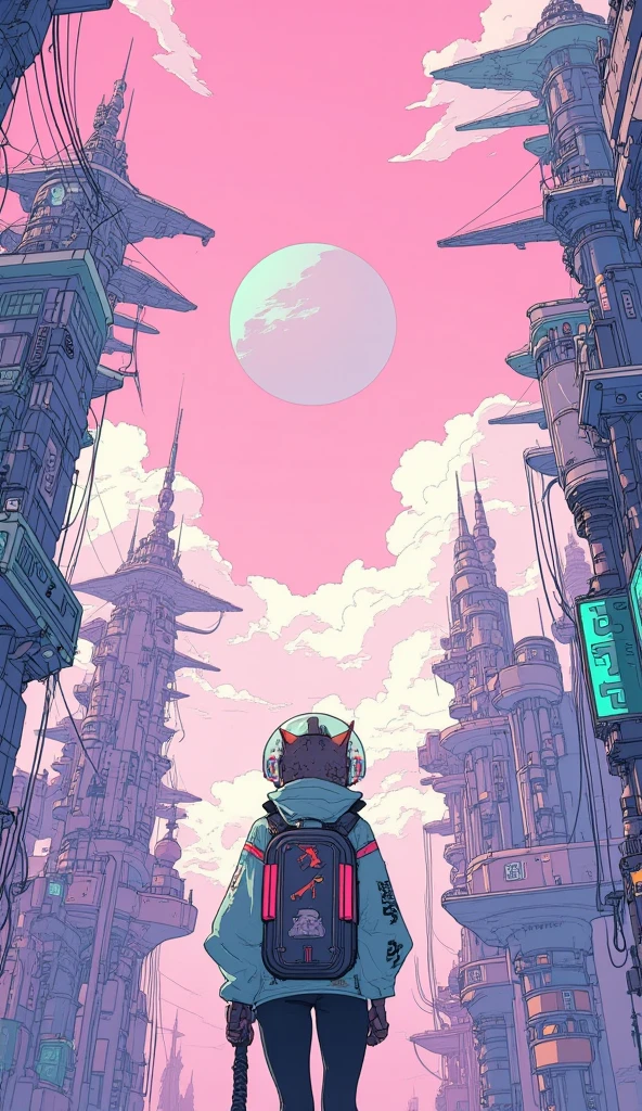 An anime-style scene in a futuristic, cityscape viewed from a very low angle, looking up at the towering, futuristic buildings. The buildings feature surreal elegant structures with futuristic technology. Overhead, there are interconnected bridges and wires stretching across the sky, which is bright with soft clouds. Among the tall buildings, at the bottom right corner of the image stands a cat girl wearing a jetpack and a jacket adorned with patches with fishbowl helmet, with her back to the viewer. She gazes upward in awe, overwhelmed by the towering structures. In the pink sky, there is a giant spaceship, and a giant green planet. The scene is full of vibrant colors and detailed line work, typical of anime-inspired art.