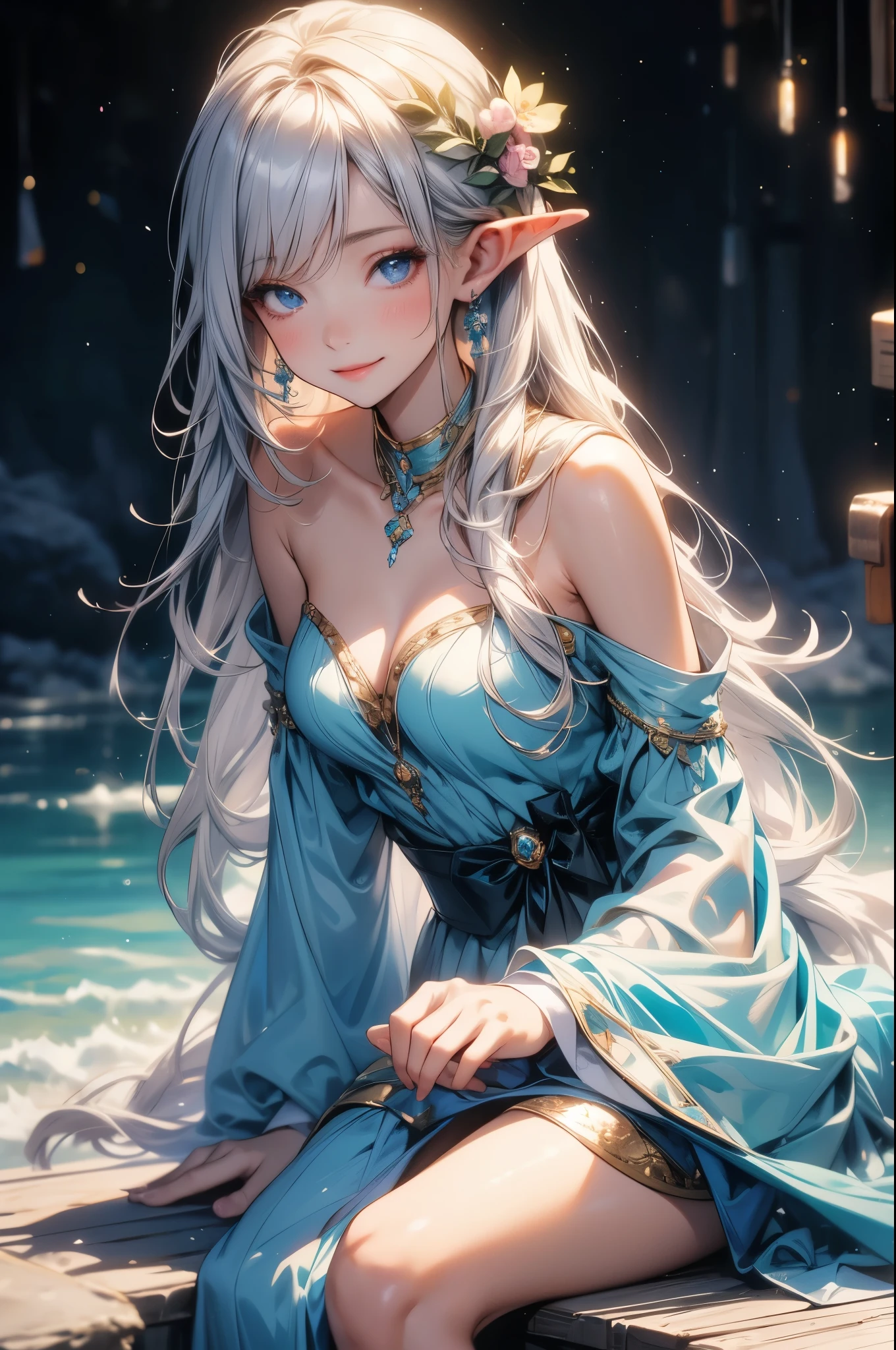 (master piece),(4k),high quality, small breasts,1girl,elf,long silver hair,pale skin,smile,white and blue costume,sitting in lakeside,(beautiful fantasy anime),film Lighting
