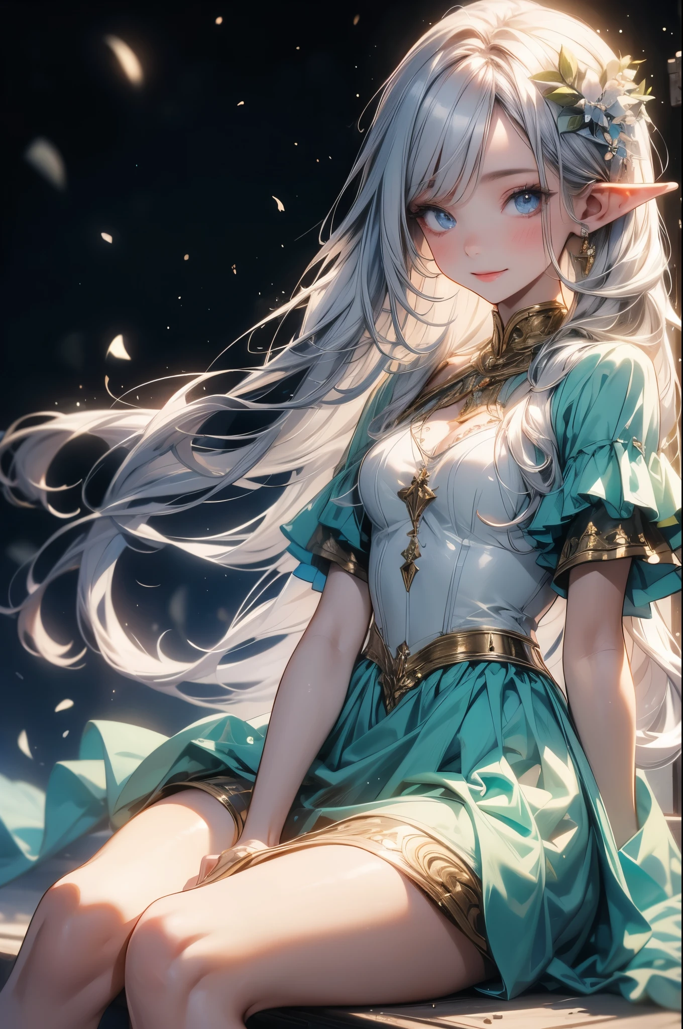 (master piece),(4k),high quality, small breasts,1girl,elf,long silver hair,pale skin,smile,white and blue costume,sitting in lakeside,(beautiful fantasy anime),film Lighting
