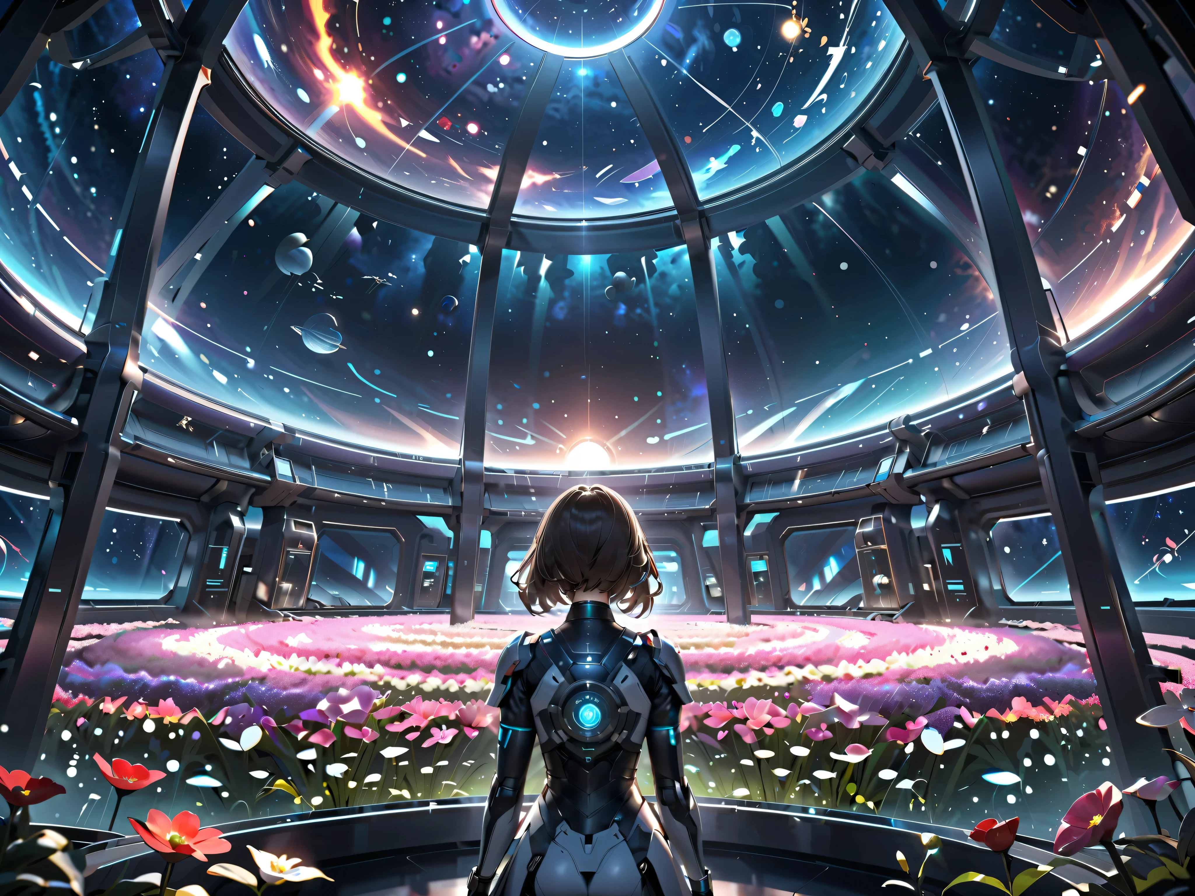 (Space colony:1.5, masterpiece:1.3,  highres icon:1.3, 1girl & lady android\Viewing the universe from the window:1.5, The universe spreads over a transparent dome:1.5, (A flower field with beautiful expressions:1.5\ high definition \'s greatest masterpiece\Detailed flower representation\ most beautiful )